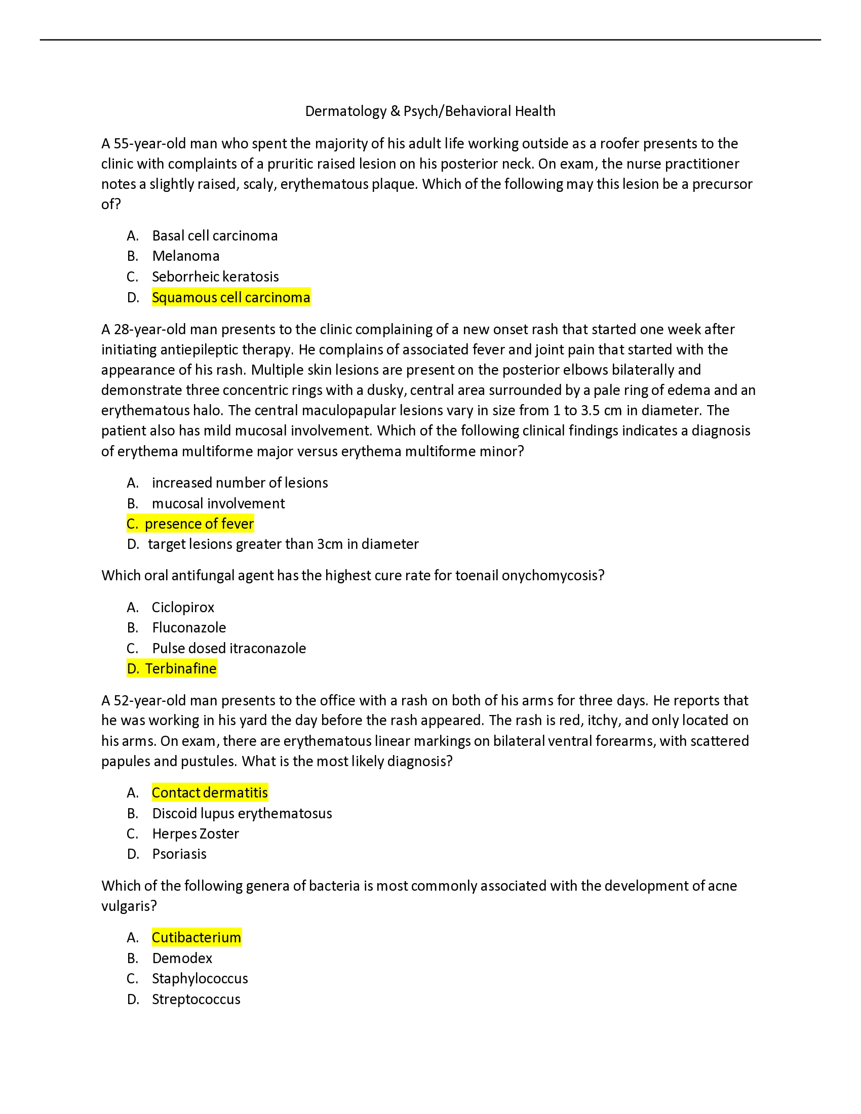 Health Appraisal for NPs; Dermatology & Psych, Behavioral Health quiz with answers