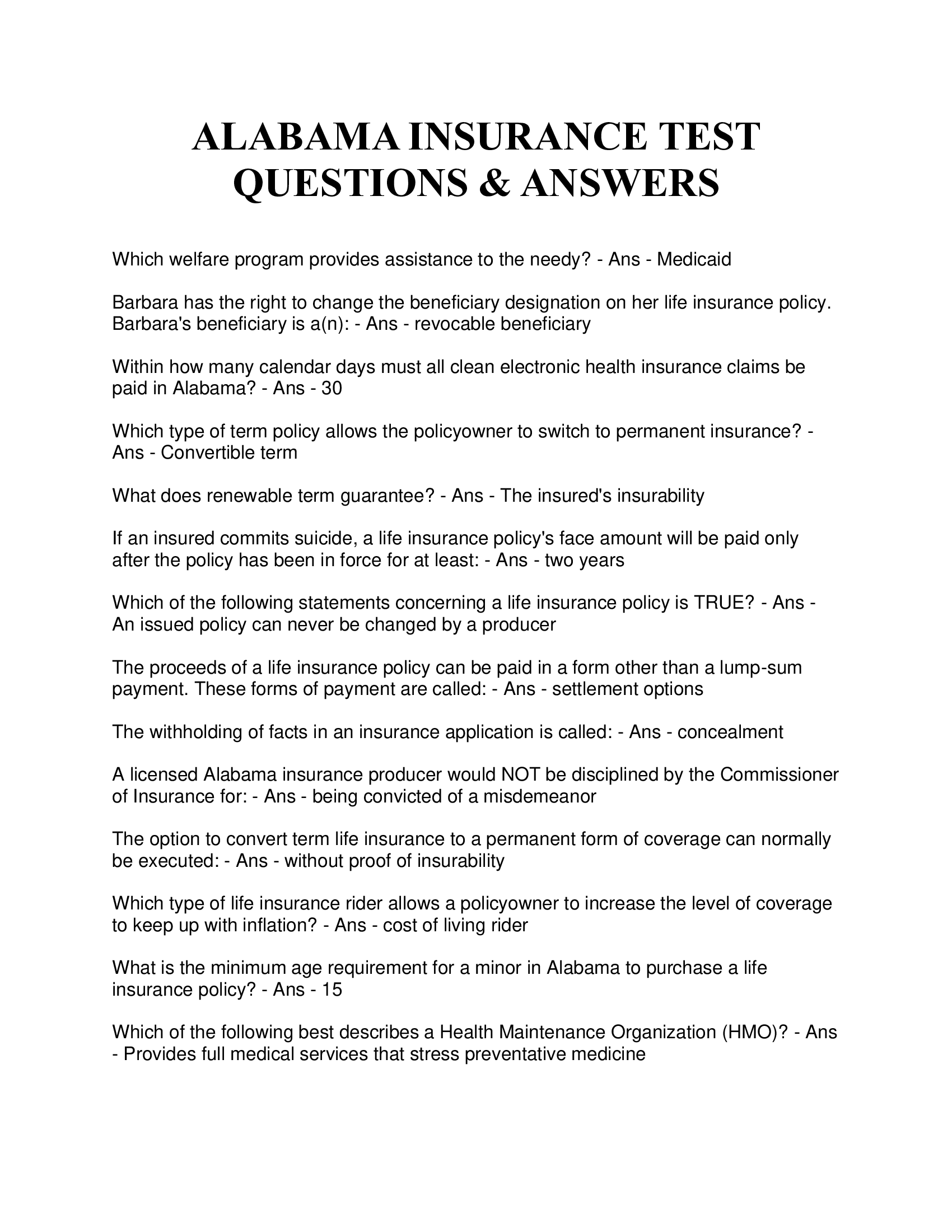 ALABAMA INSURANCE TEST Completely Solved 2024!!