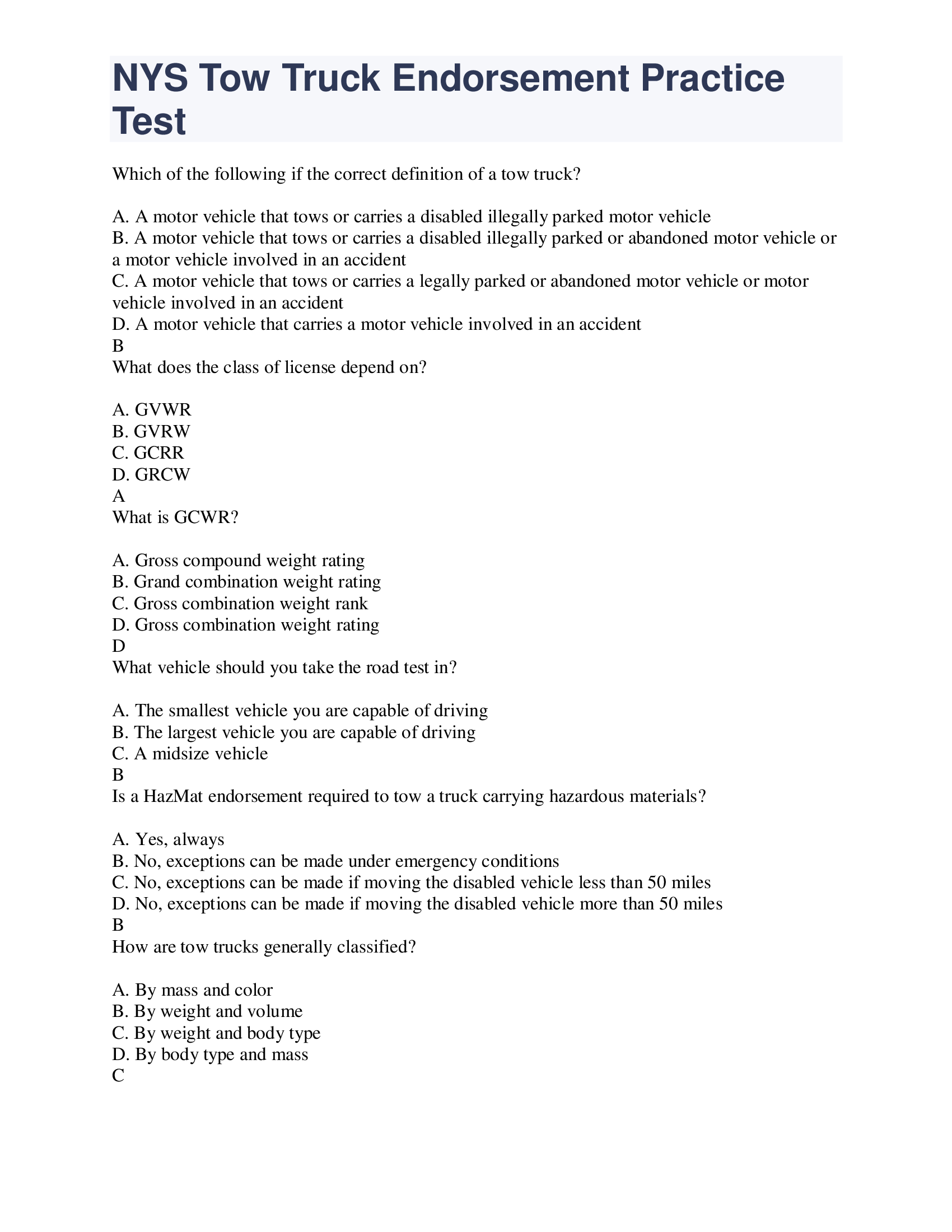 NYS Tow Truck Endorsement Practice Test 1-7 (100 Percent Correct Answers)