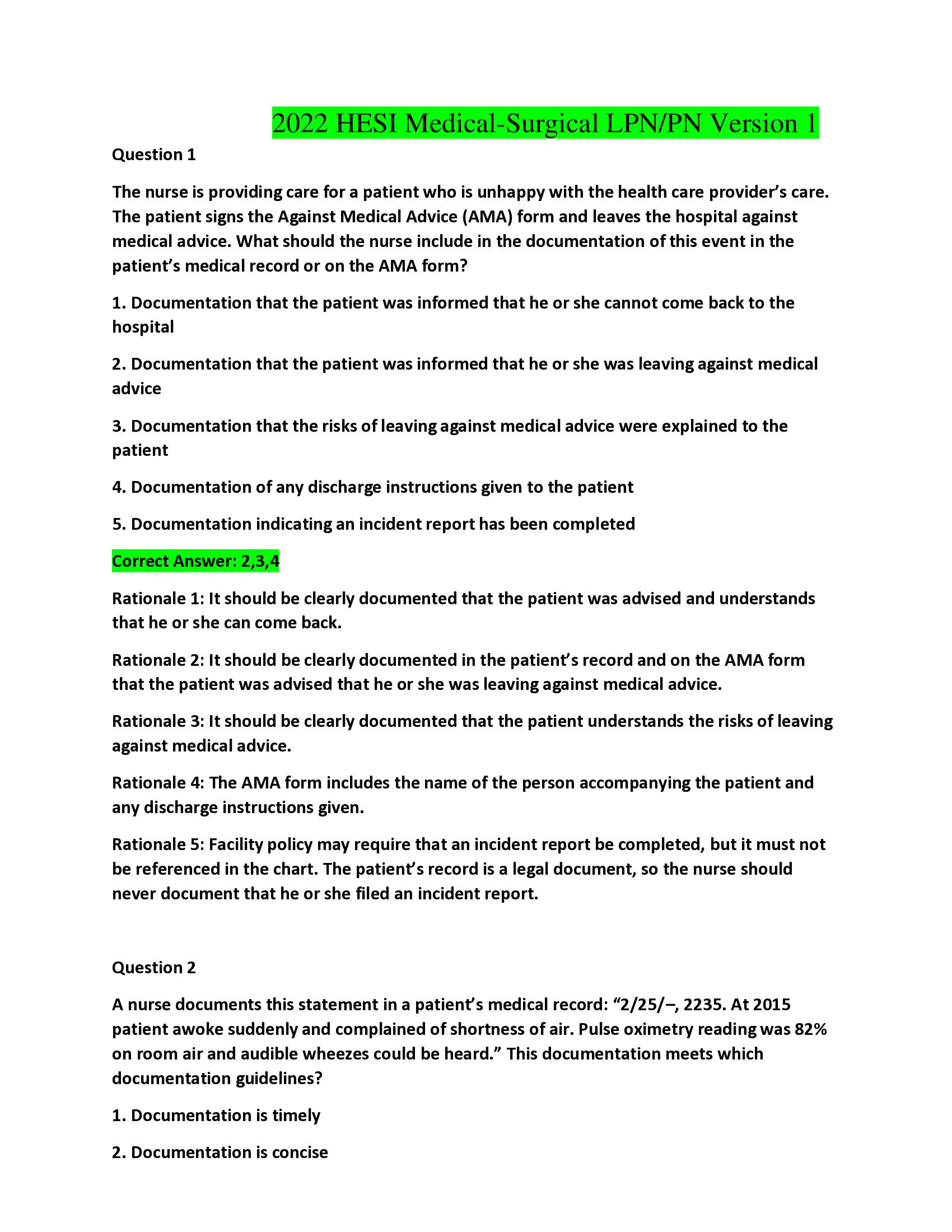 HESI Medical-Surgical LPN, PN Version 1(100 Questions and Answers) A+ Guaranteed