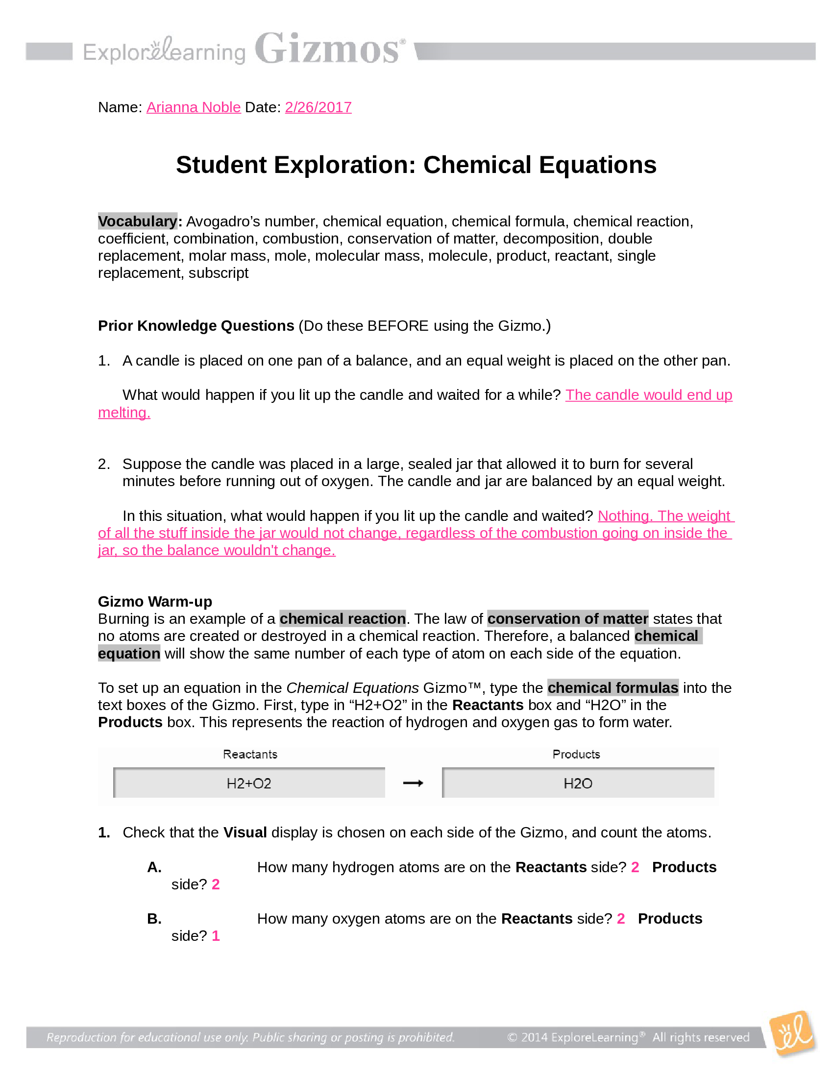 Gizmos - Balancing Chemical Equations, Answer key. COMPLETE SOLUTION.