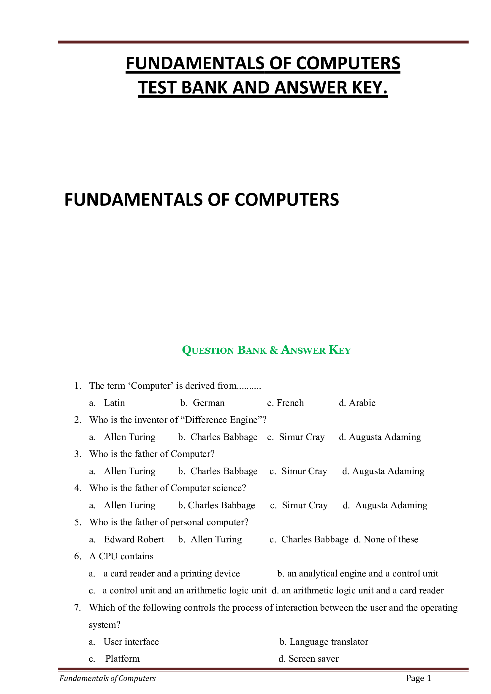 [Test Bank] Basic And Fundamentals Of Computers QUESTION BANK & ANSWER KEY (Revised Edition) 2023.