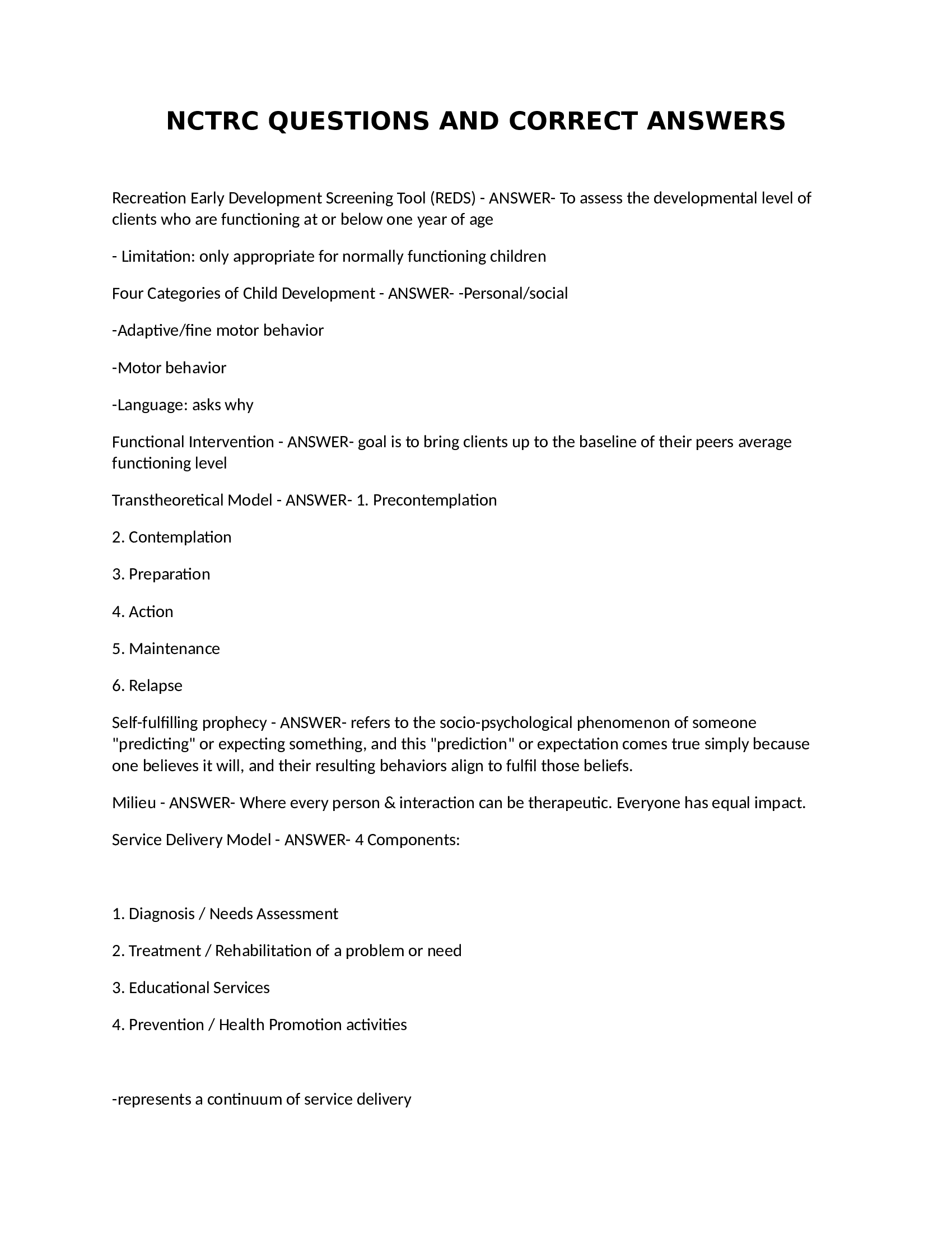 National Council for Therapeutic Recreation Certification(NCTRC) QUESTIONS AND CORRECT ANSWERS