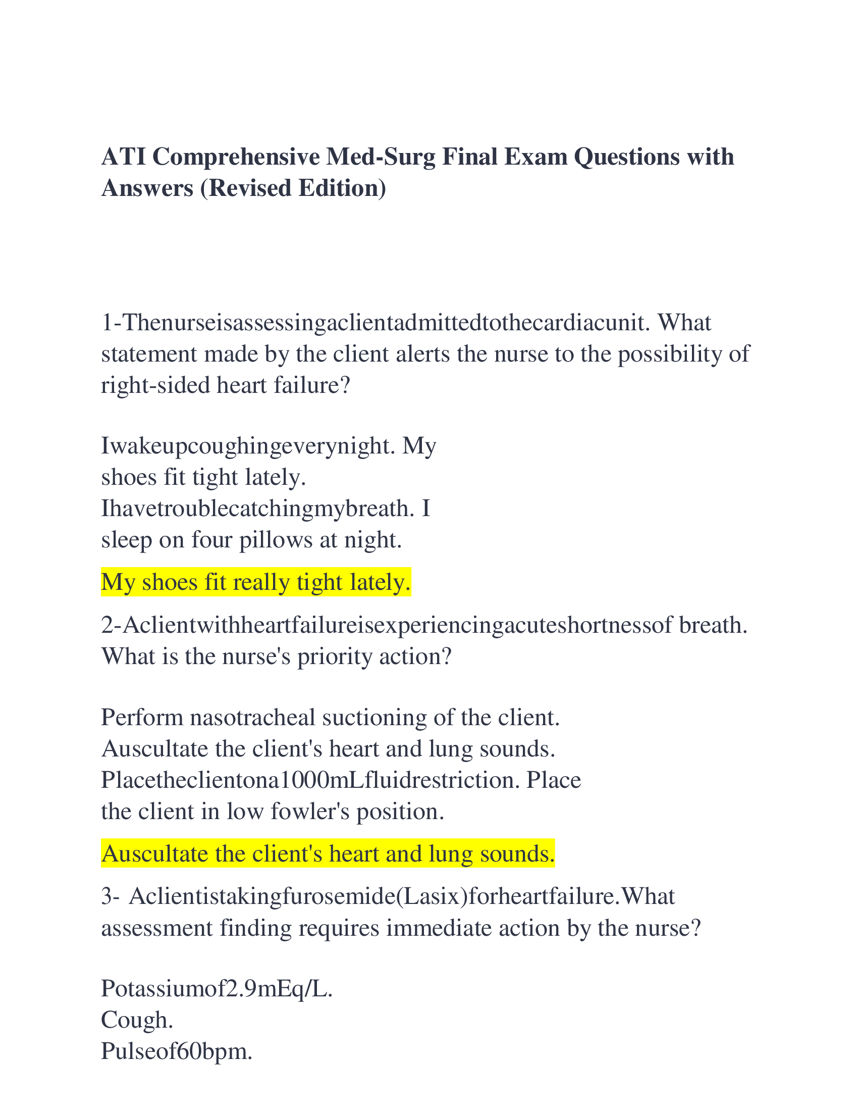 ATI Comprehensive Med-Surg Final Exam Questions with Answers (Revised Edition)