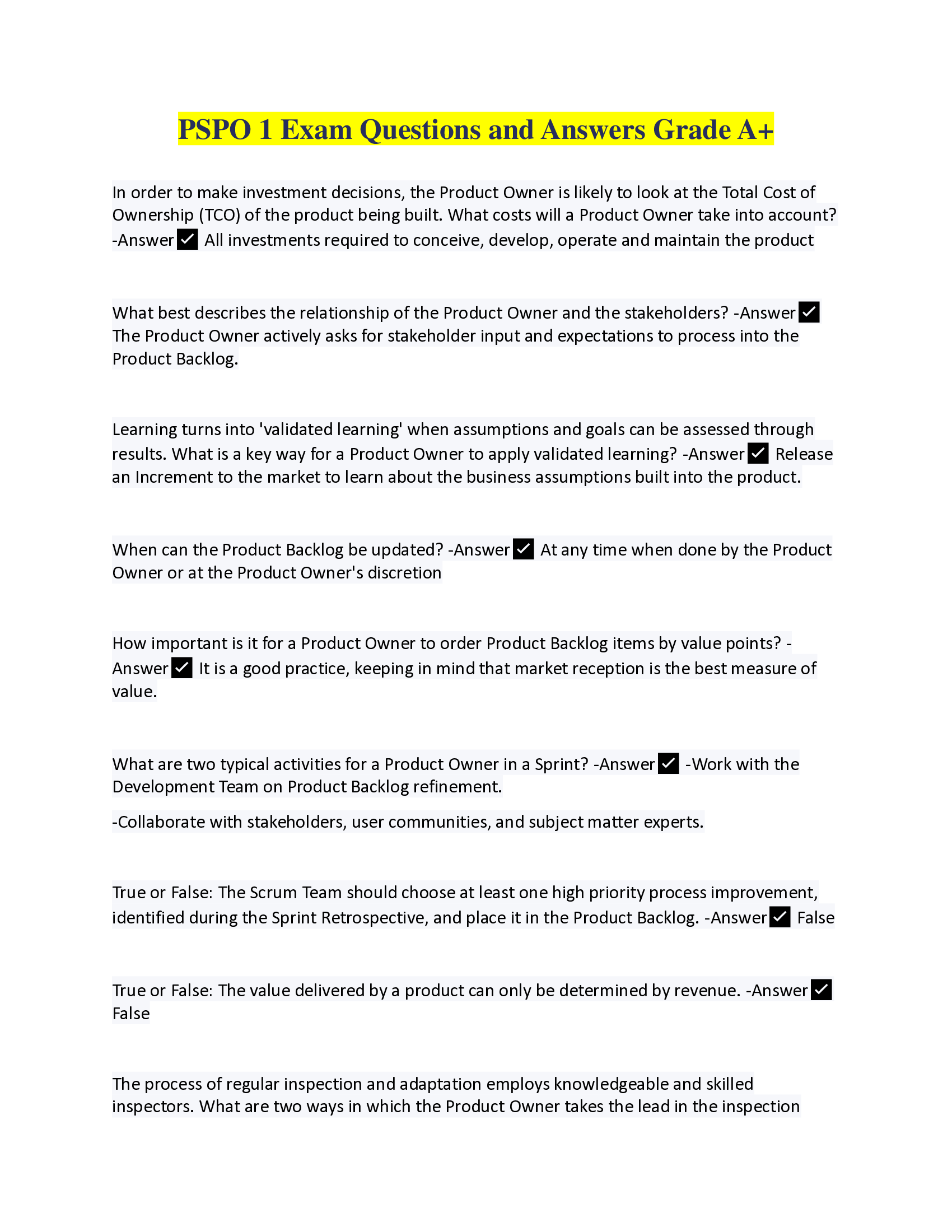 Professional Scrum Product Owner I Certification(PSPO 1)Exam Questions and Answers Grade A+