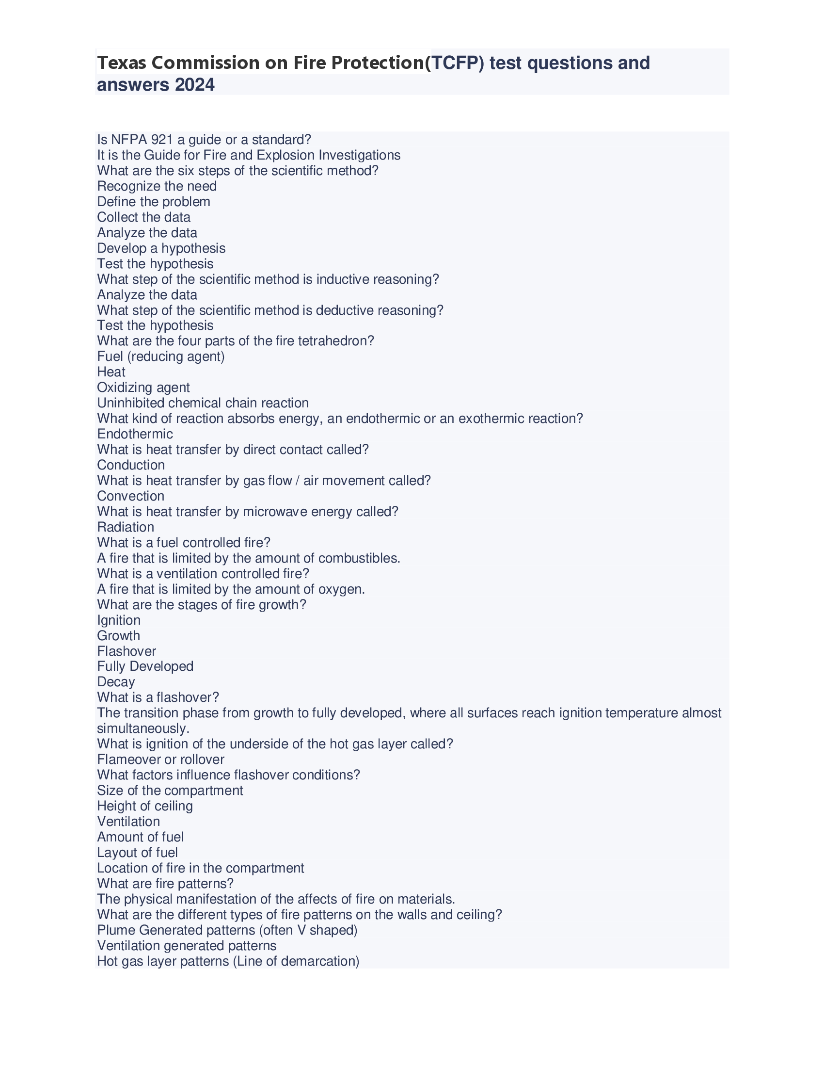 Texas Commission on Fire Protection(TCFP) test questions and answers 2024