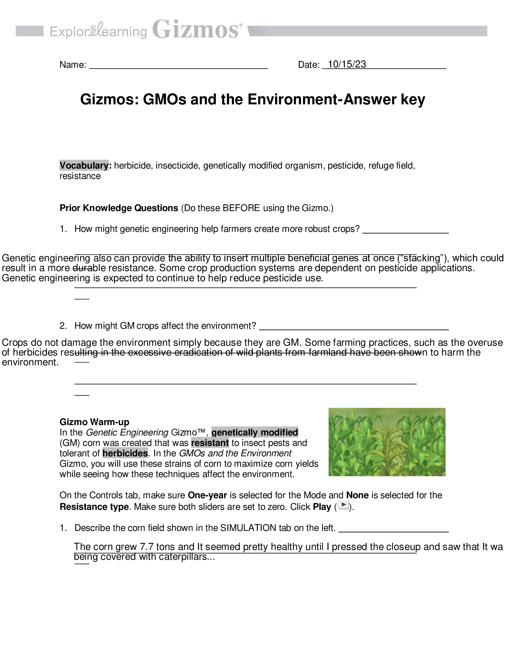 Gizmos: GMOs and the Environment-Answer key