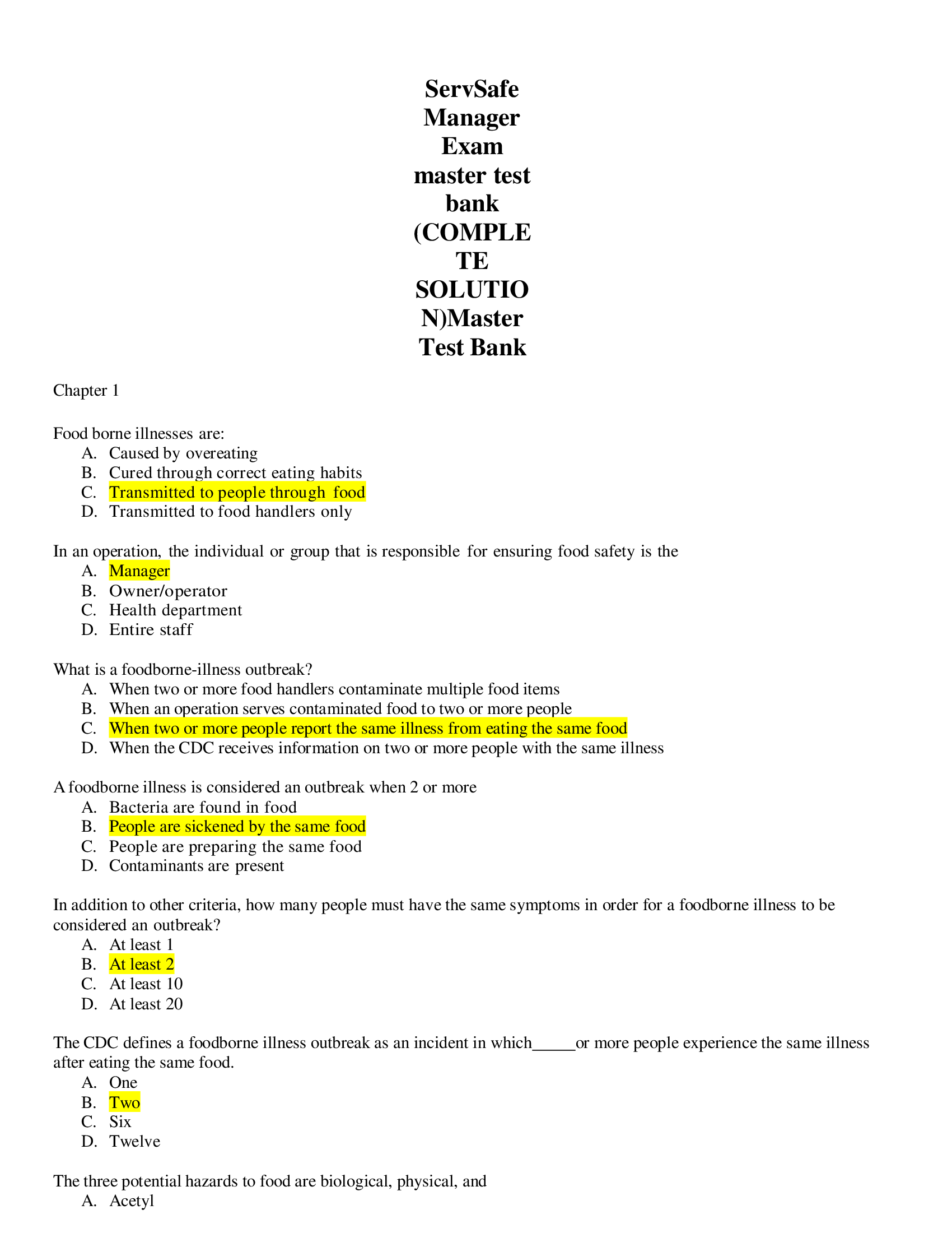 ServSafe Manager Exam master test bank (COMPLETE SOLUTION)