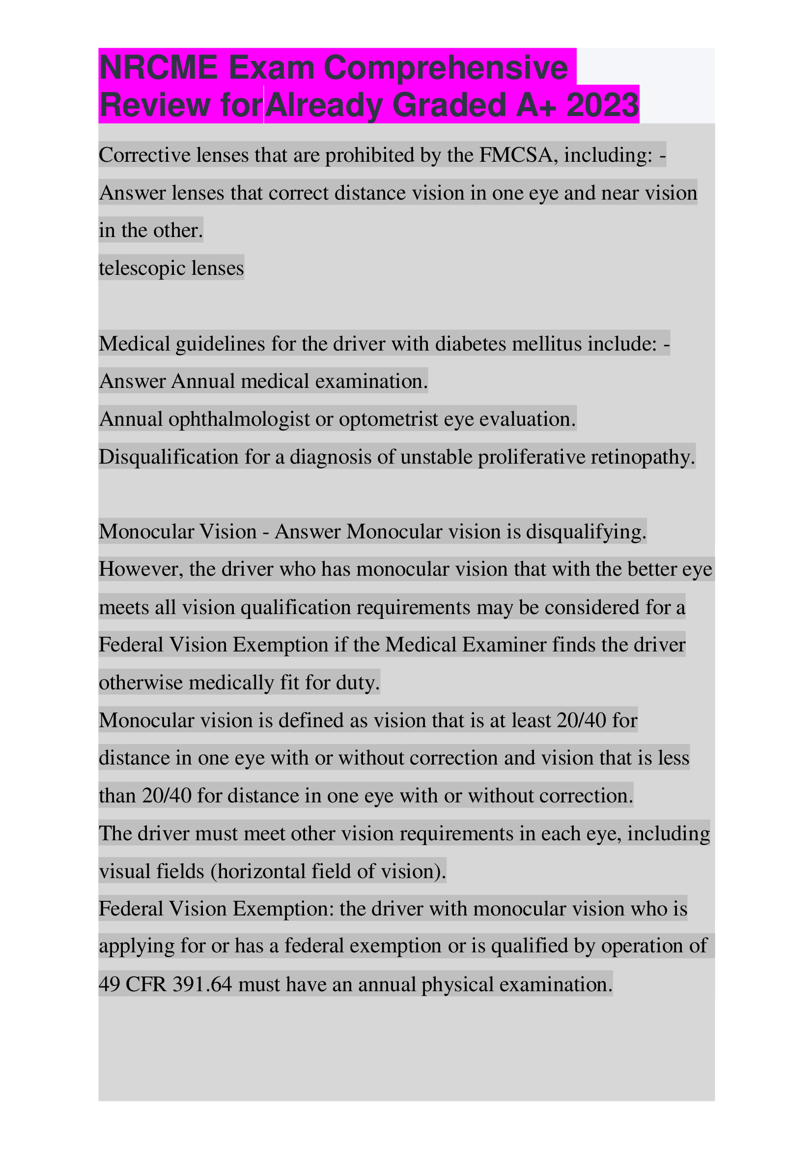 NRCME Exam Comprehensive Review for Already Graded A+ 2023