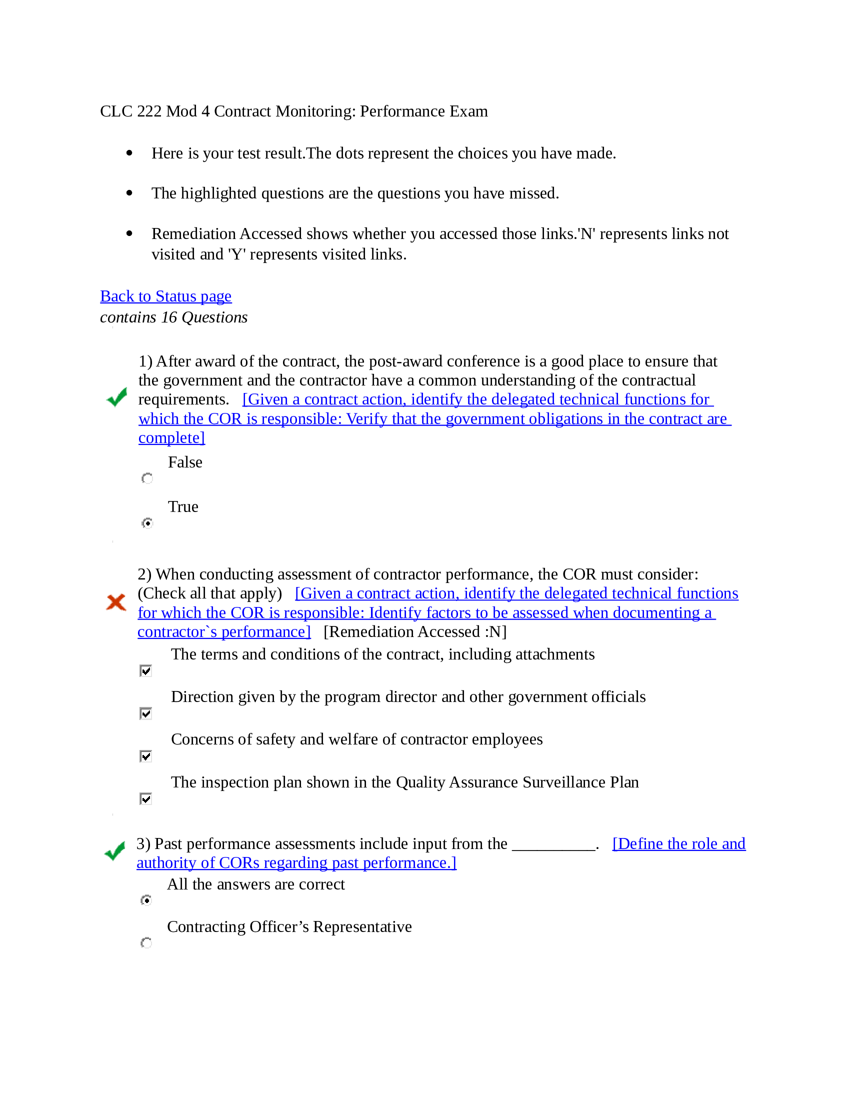 CLC 222 module 4 exam contract monitoring - performance exam