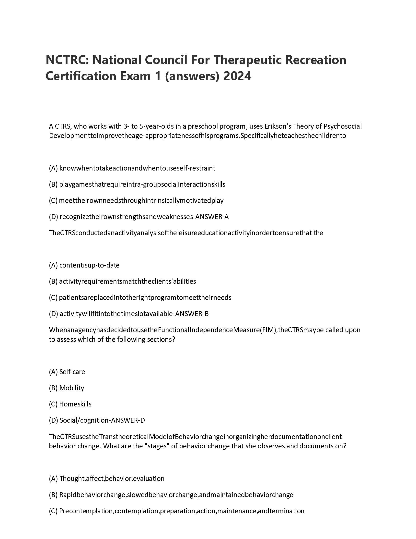 NCTRC: National Council For Therapeutic Recreation Certification Exam 1 (answers) 2024