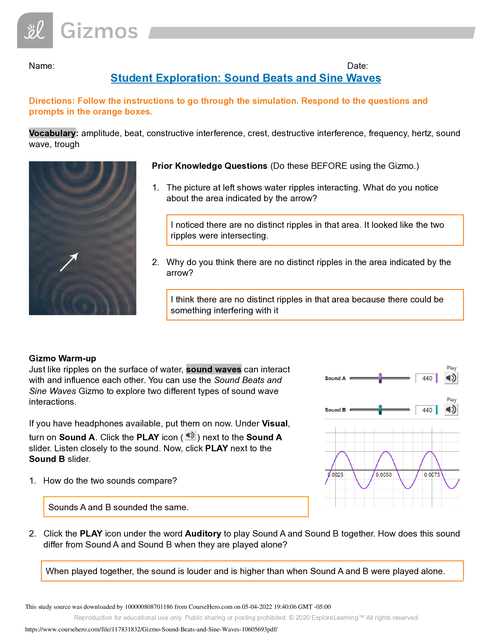 Gizmos - Sound Beats and Sine Waves; Answer Key 2021