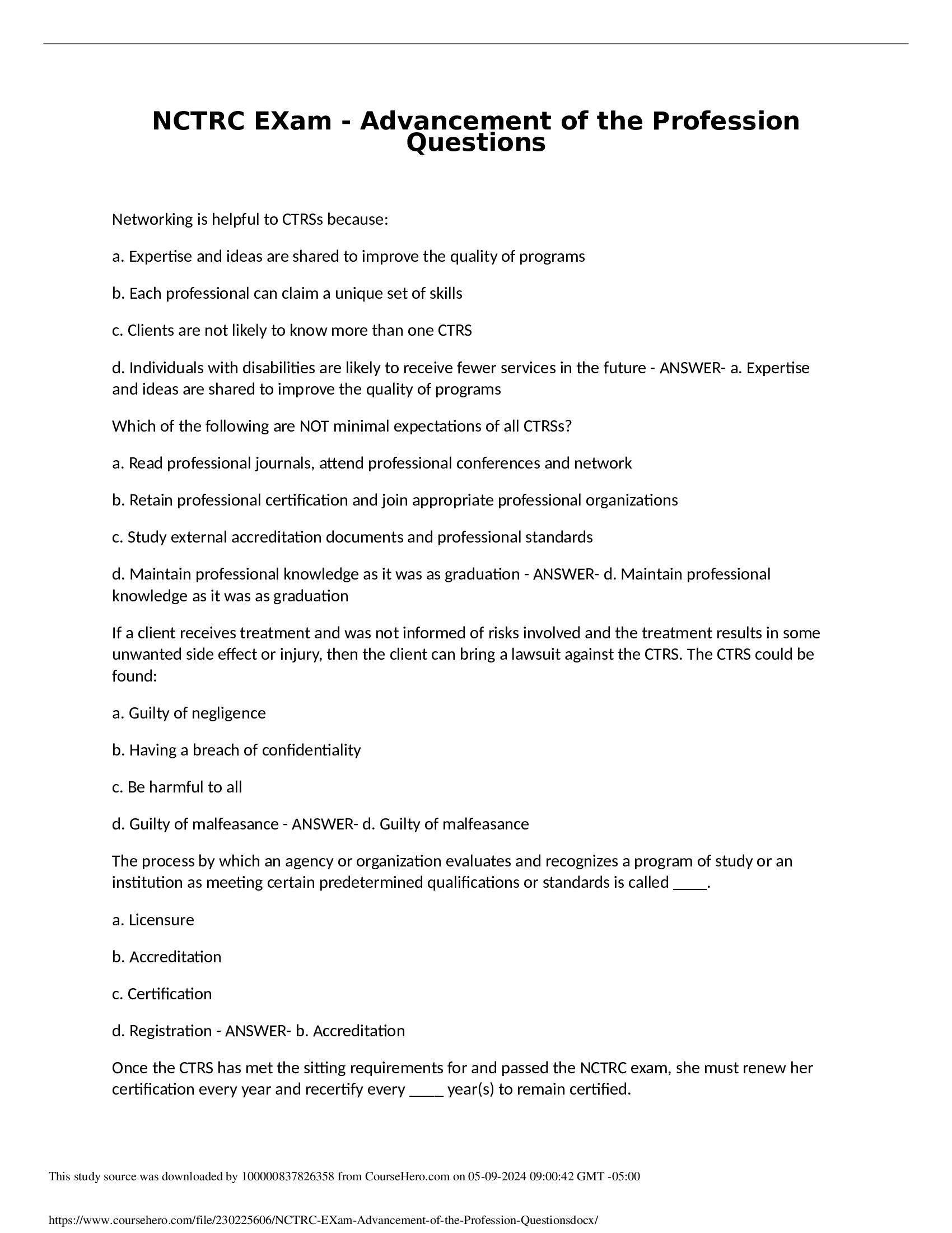 NCTRC: National Council For Therapeutic Recreation Certification Exam - Advancement Of The Profession ; Questions With Answers.