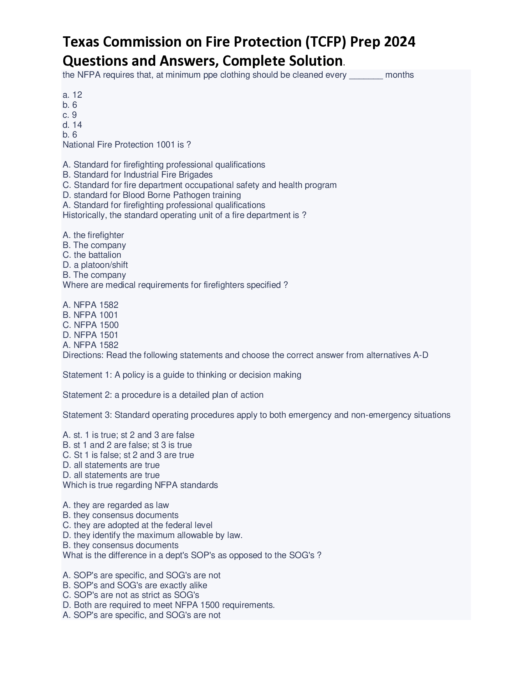 Texas Commission on Fire Protection (TCFP) Prep 2024 Questions and Answers, Complete Solution.