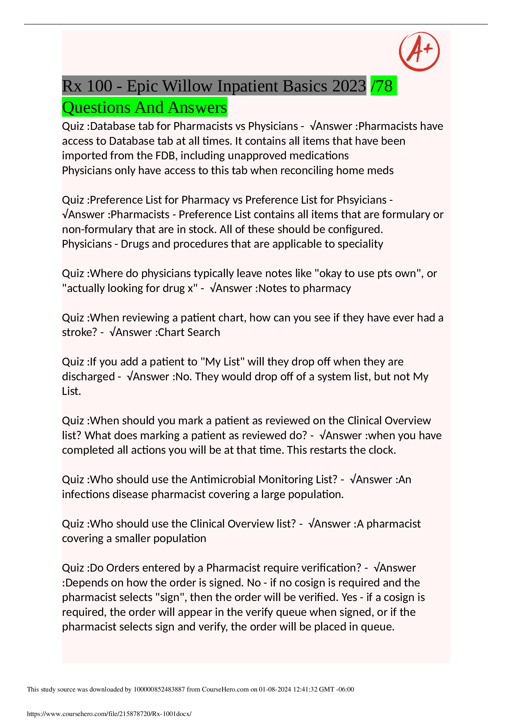 2023 Rx 100 - Epic Willow Inpatient Basics, 78 Questions And Answers. A+ Grade.