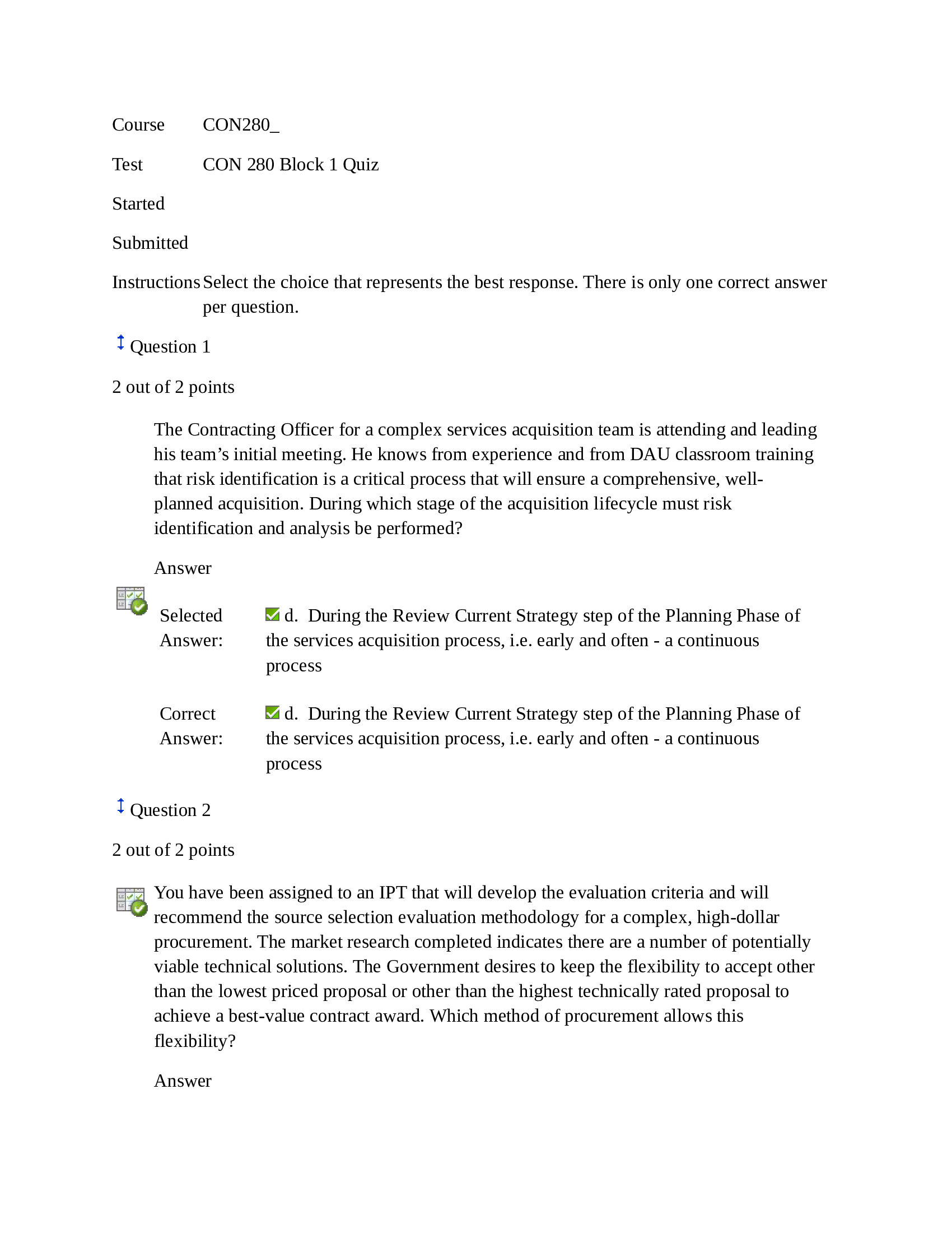 CON 280 Block 1 Quiz, Source Selection and Administration of Service Contracts. 100% Correct Answers