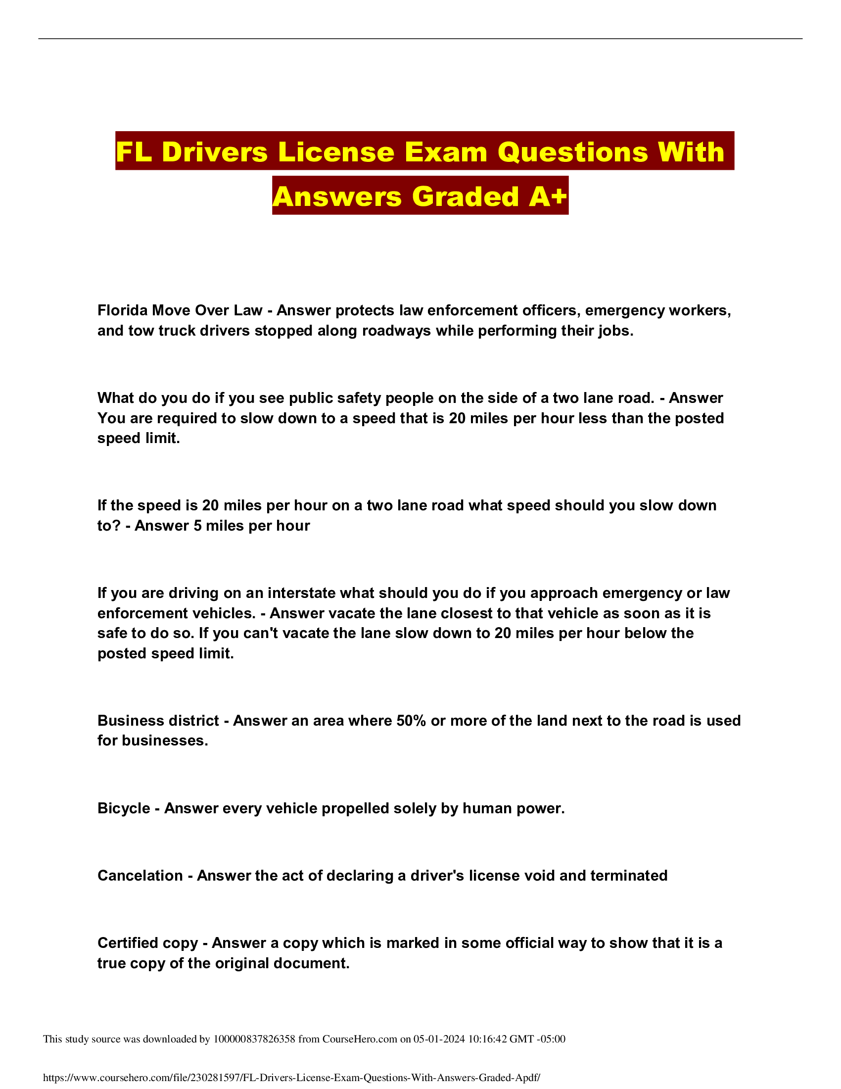 FLORIDA(FL) Drivers License Exam Questions With Correct Answers (Graded A+)