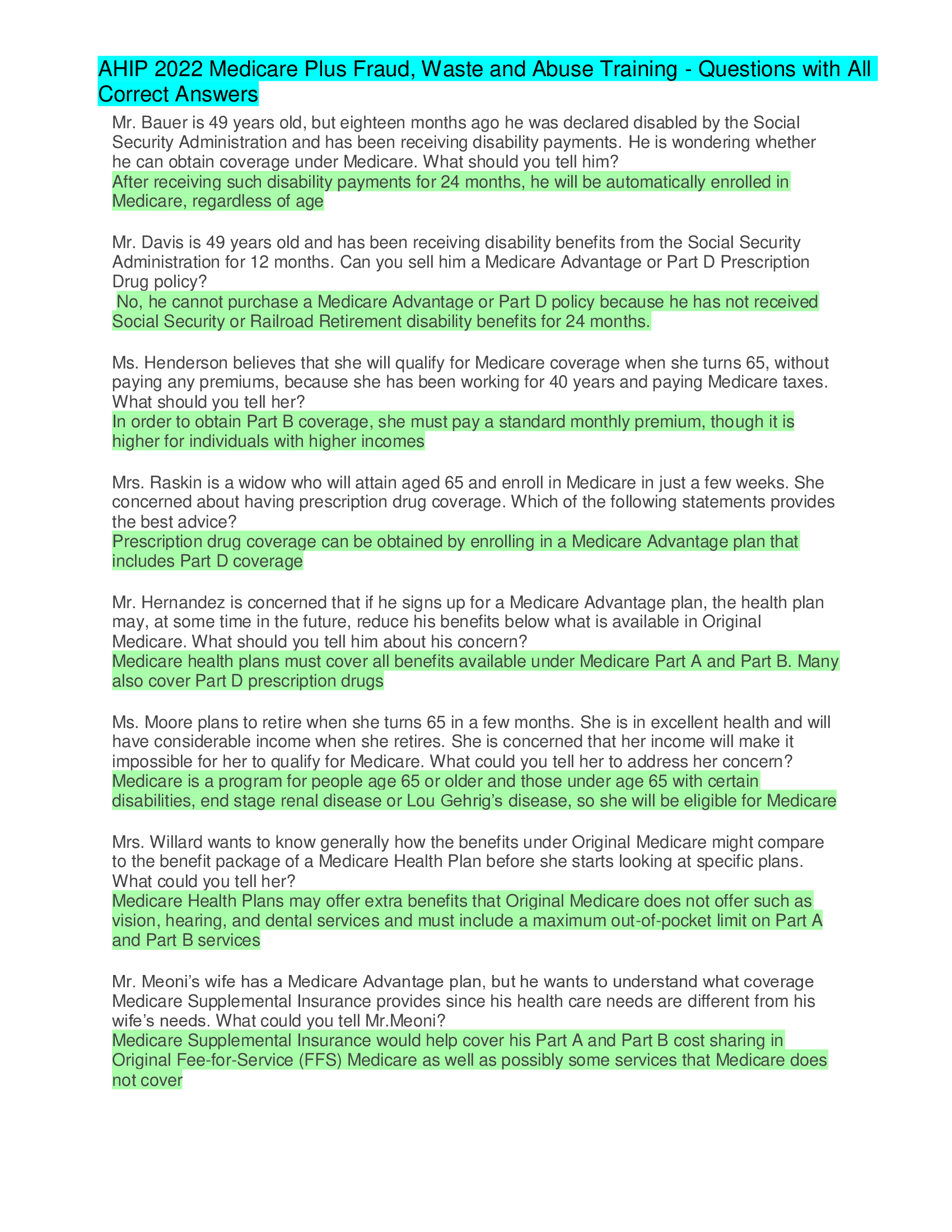 AHIP 2022 Medicare Plus Fraud, Waste and Abuse Training - Questions with All Correct Answers