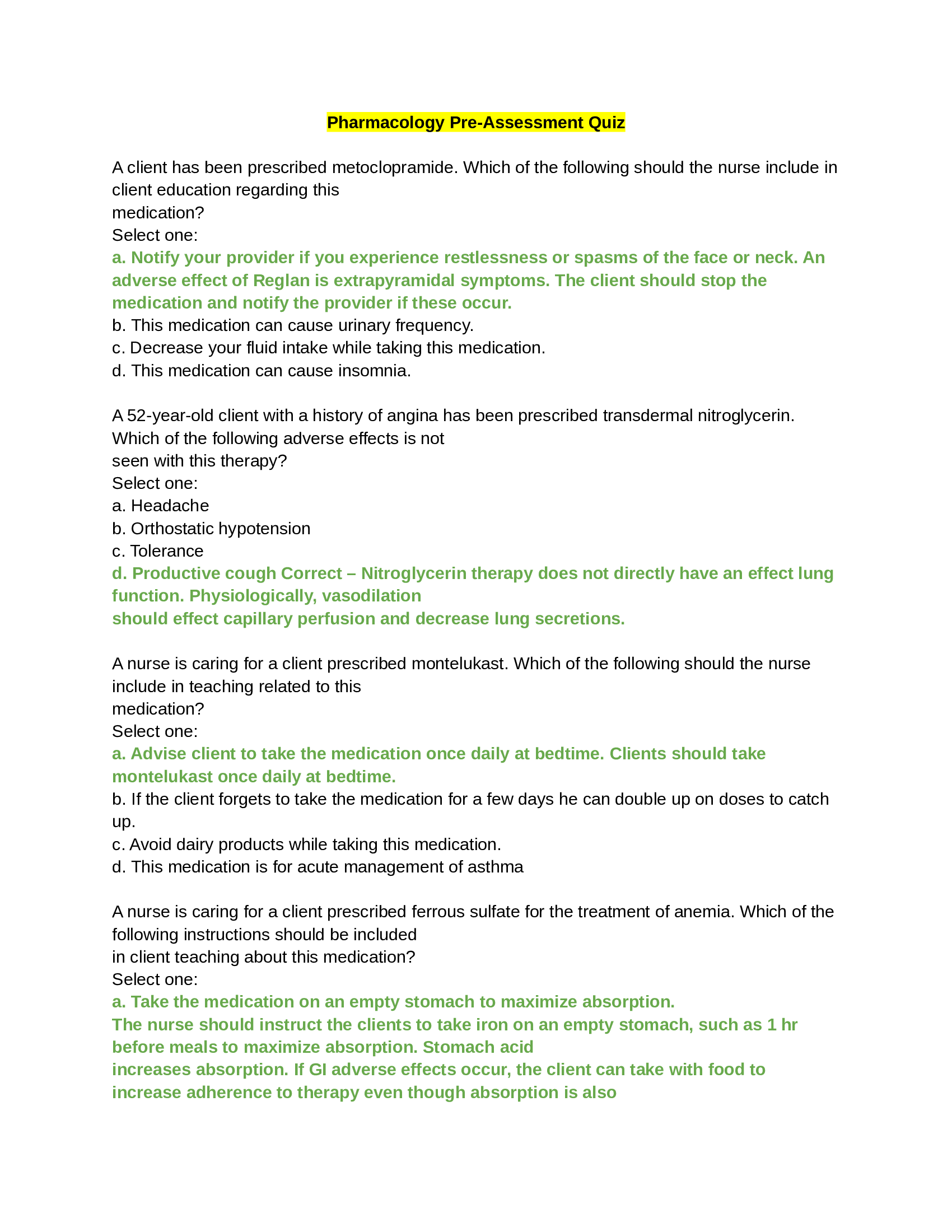 ATI Pharmacology Pre-Assessment Quiz (Questions and Answers 100% Correct)