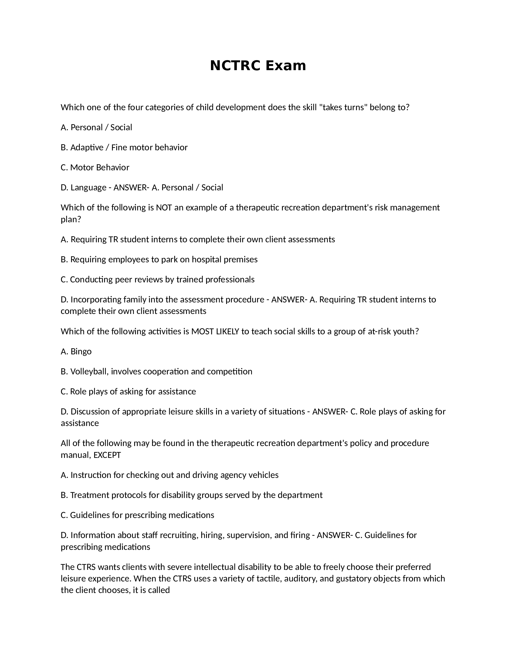 NCTRC: National Council For Therapeutic Recreation Certification Exam - ANSWERS PROVIDED(2024)
