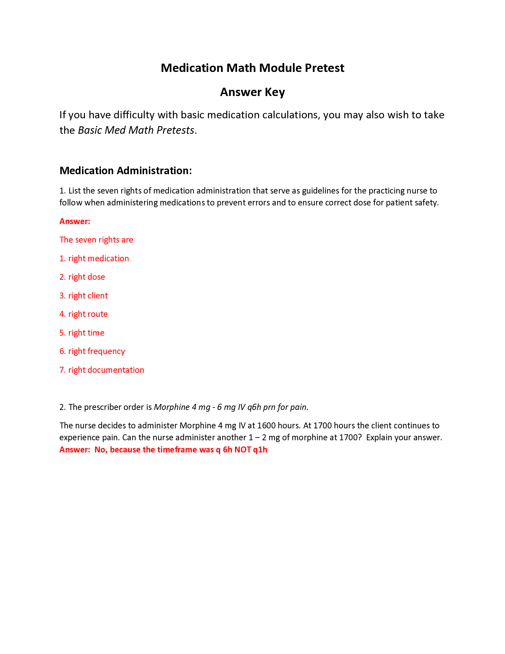 NUR 316 - Medication Math Module Pretest Answer Key 2023