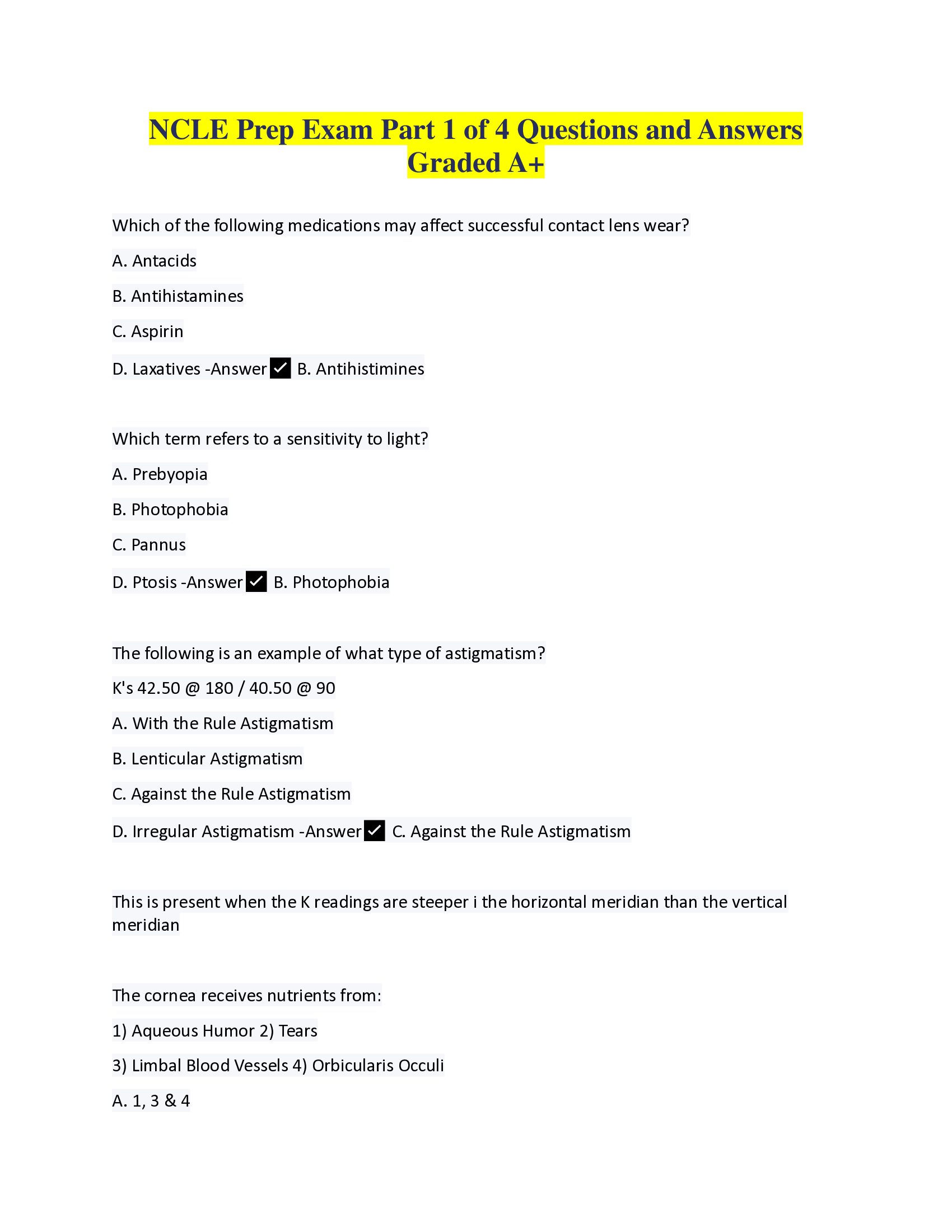 ABO & NCLE Prep Exam Part 1 of 4 Questions and Answers Graded A+