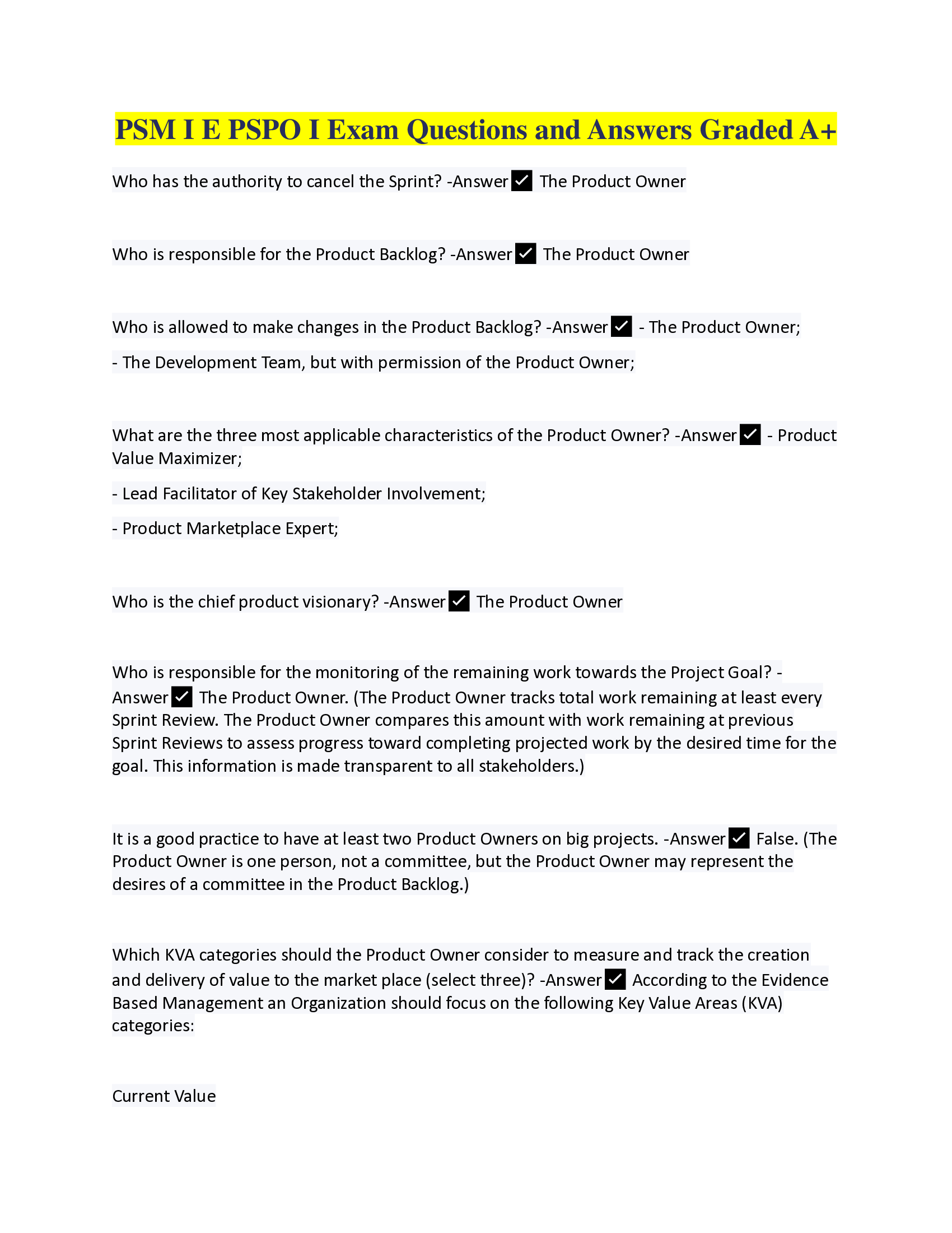 PSM I | PSPO I Exam Questions and Answers Graded A+