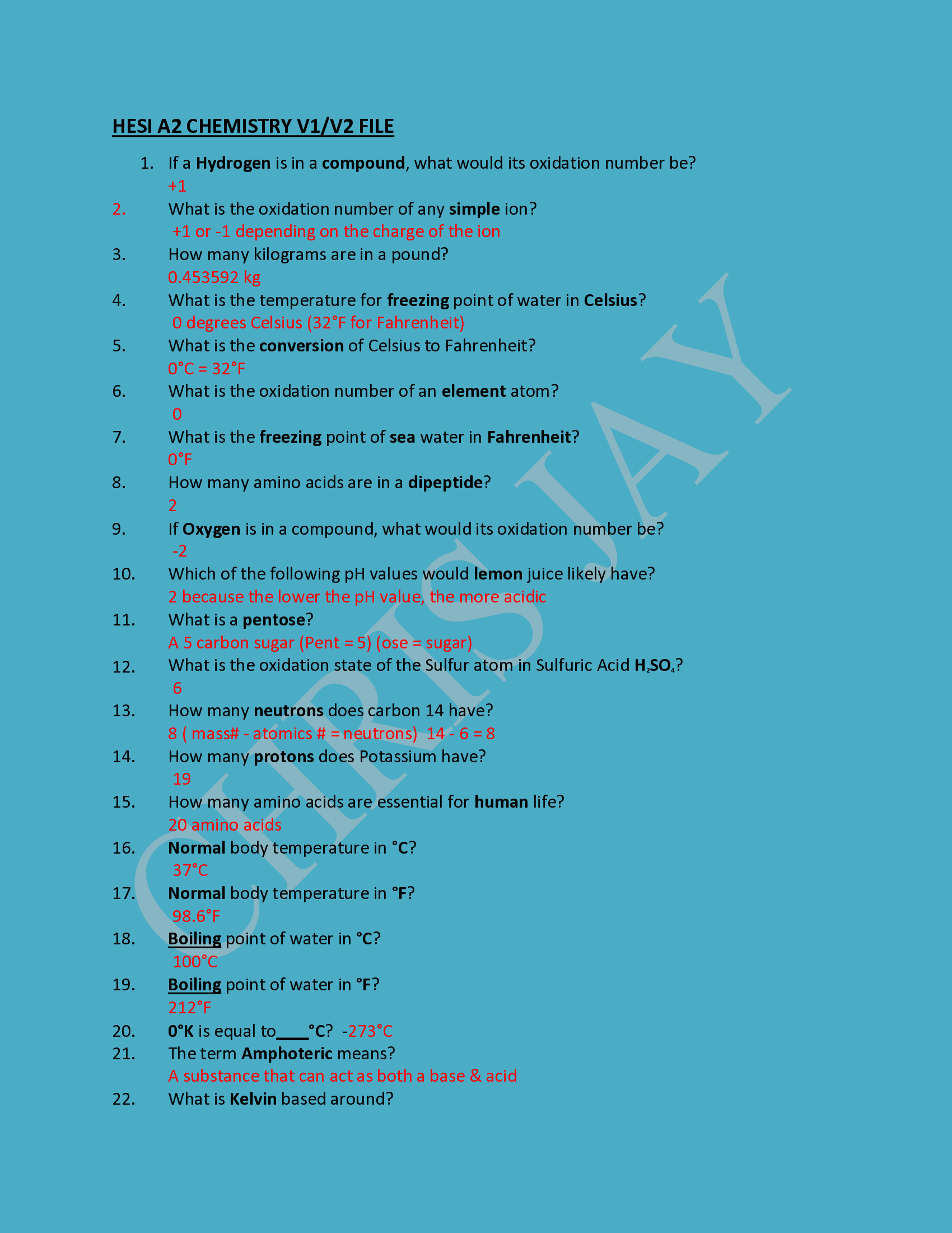HESI A2 CHEMISTRY V1,V2,V3 Questions and Answers {Revised}