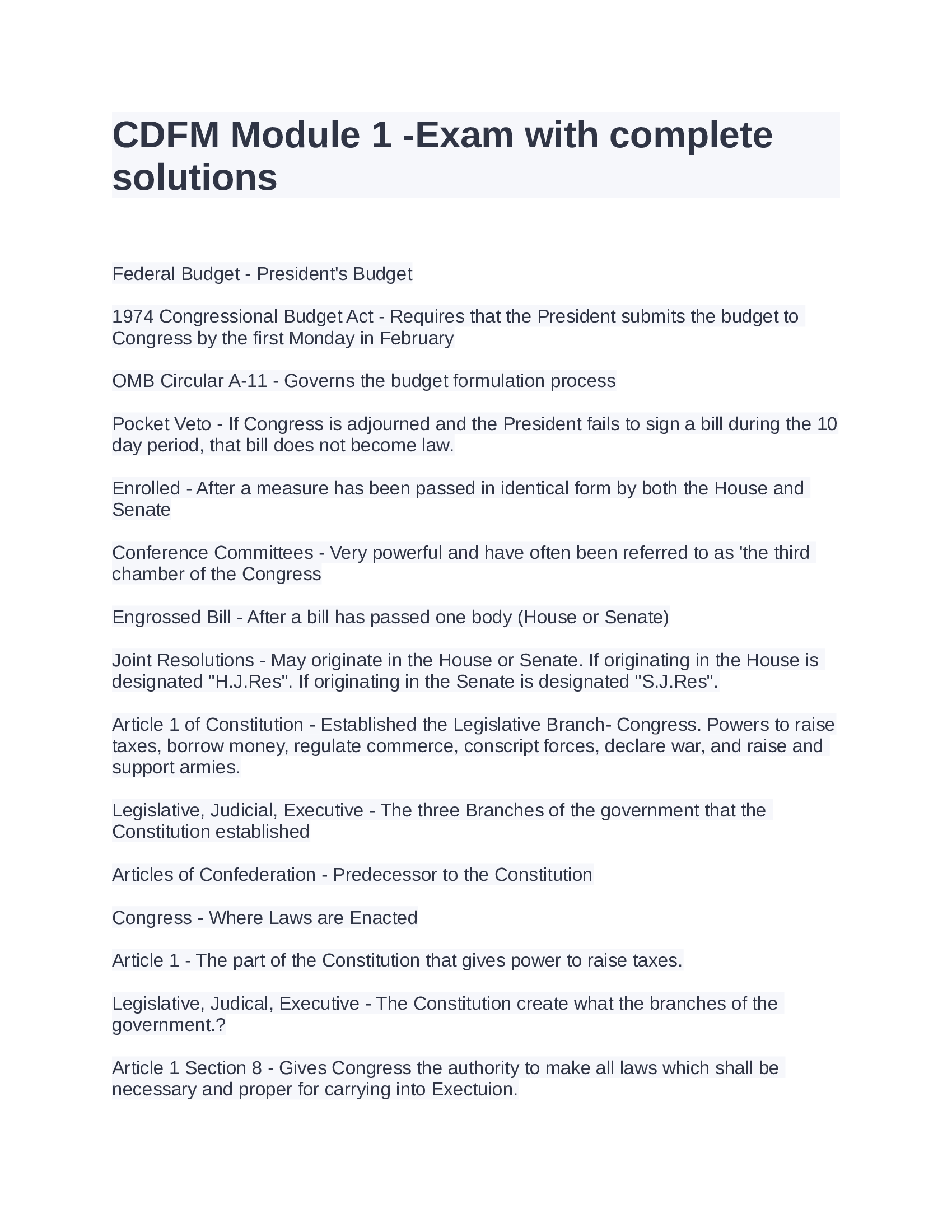 Certified Defense Financial Manager-CDFM Module 1 -Exam with complete solutions