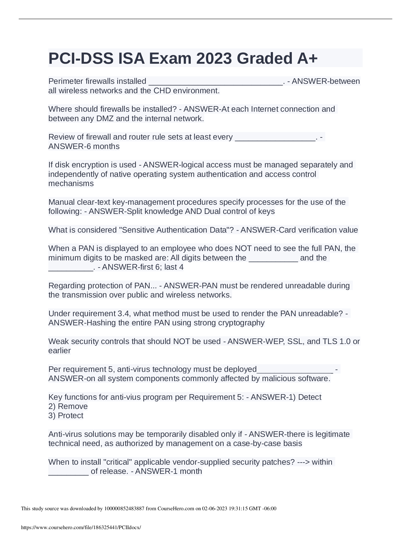 PCI-DSS ISA Exam QUESTIONS AND ANSWERS 2026