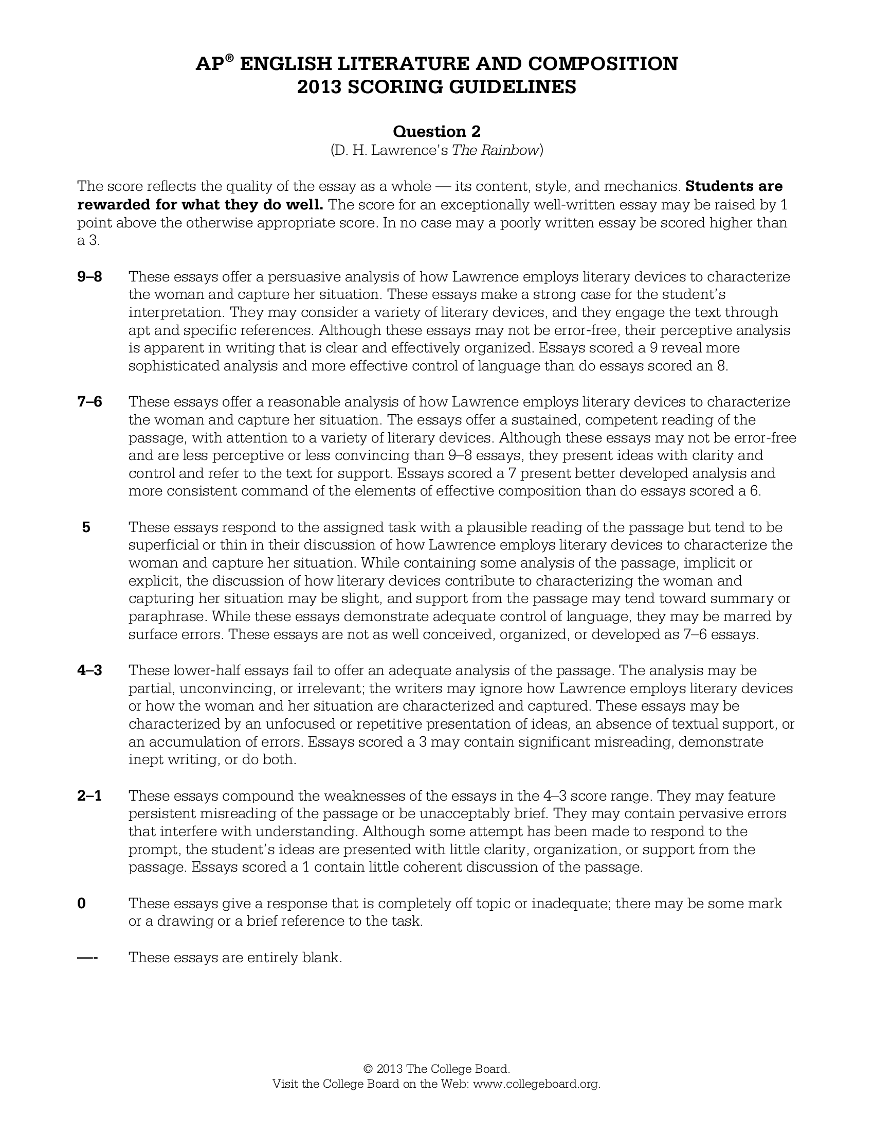 AP ENGLISH LITERATURE AND COMPOSITION SCORING GUIDELINES QUESTION 2 SAMPLES