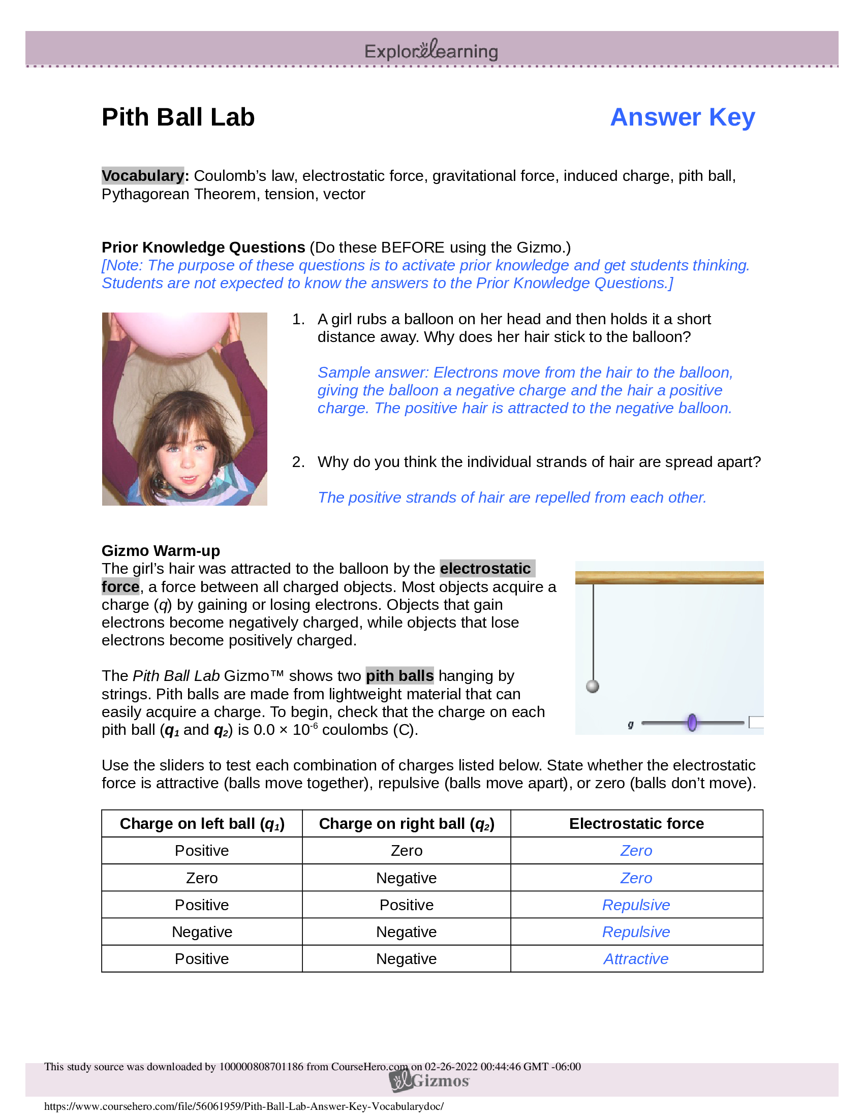 Gizmos - Pith Ball Lab Answer key 100 Percent Correct - TOP RATED 2022