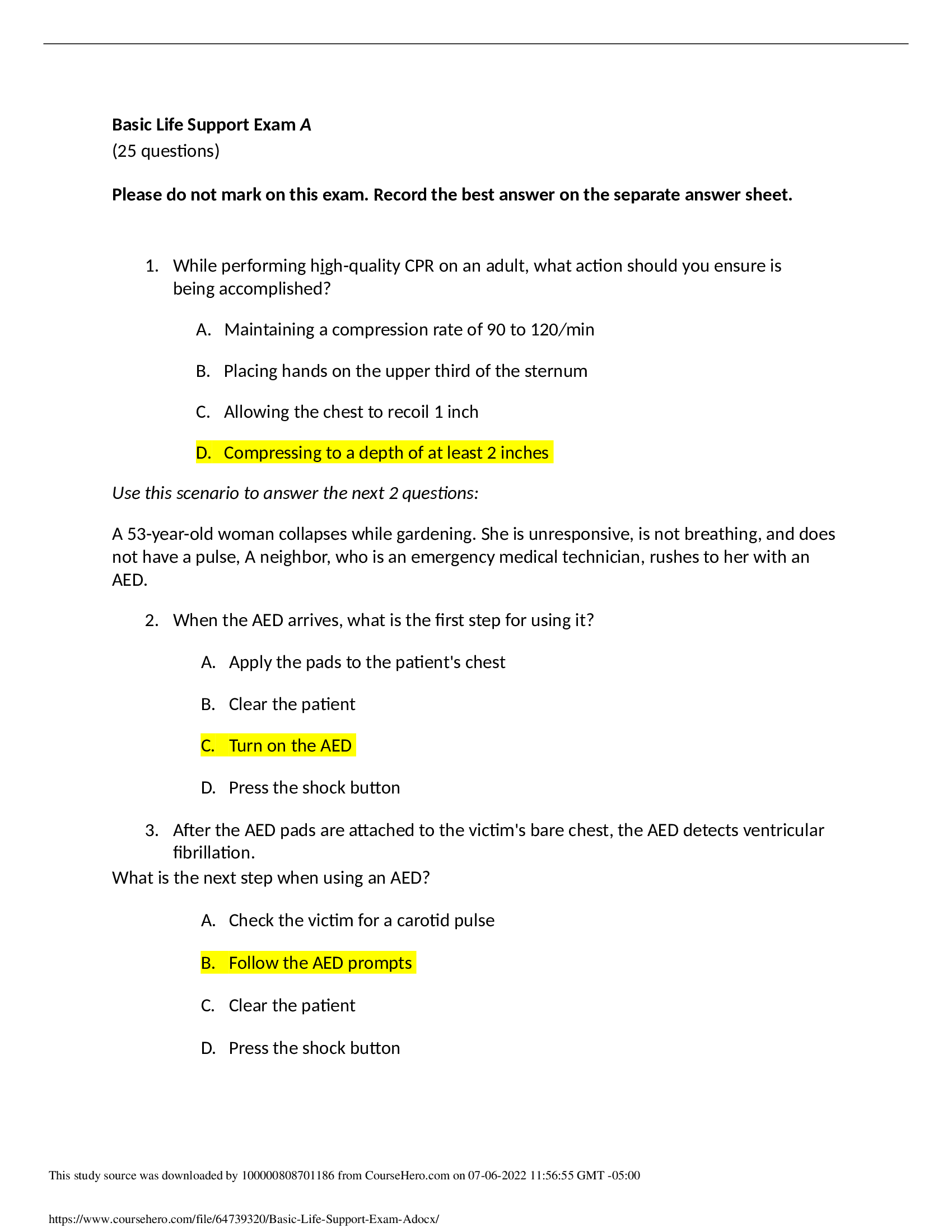 Basic Life Support Exam A (25 questions and answers) 100% Correct 2020; PASSED.