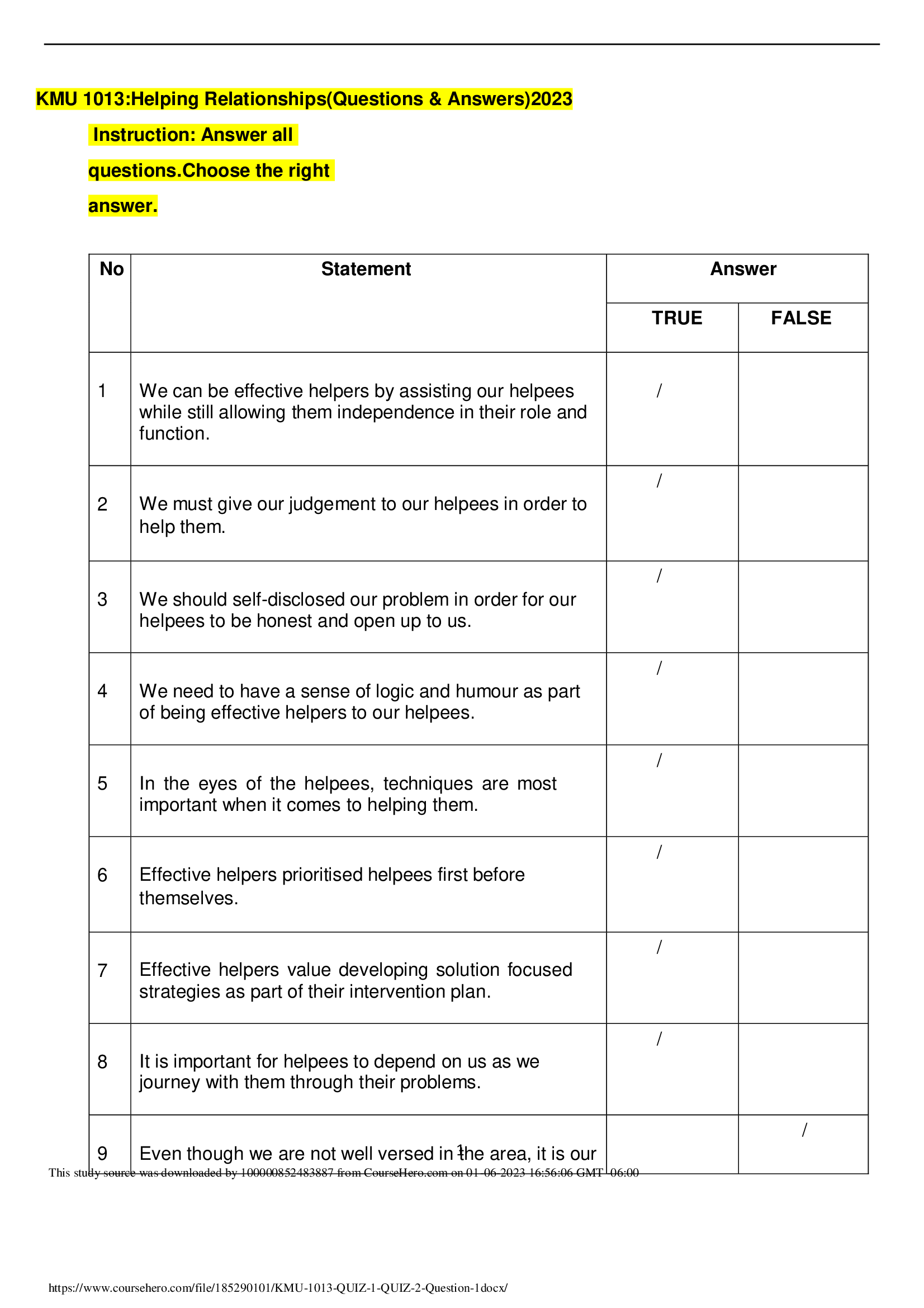 Organizational Management - Helping Relationships Quiz 1(Questions & Answers)2023