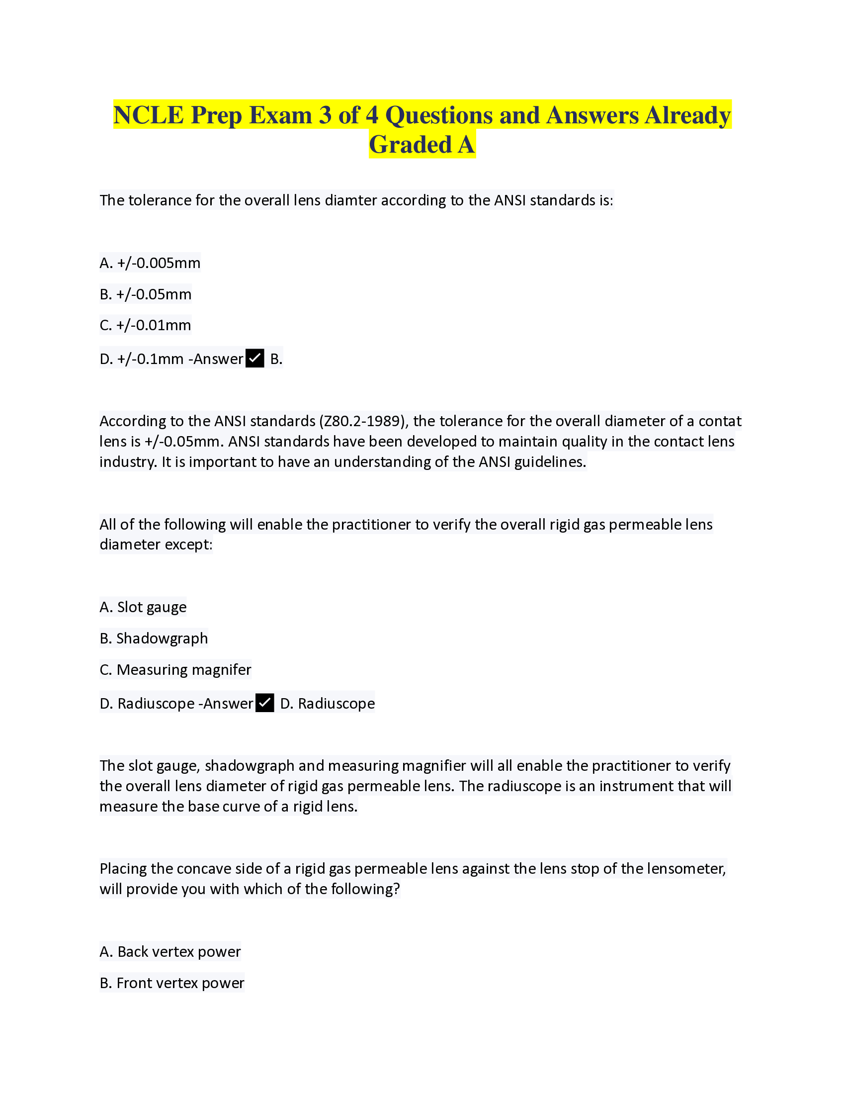 ABO & NCLE Prep Exam 3 of 4 Questions and Answers, Already Graded A.