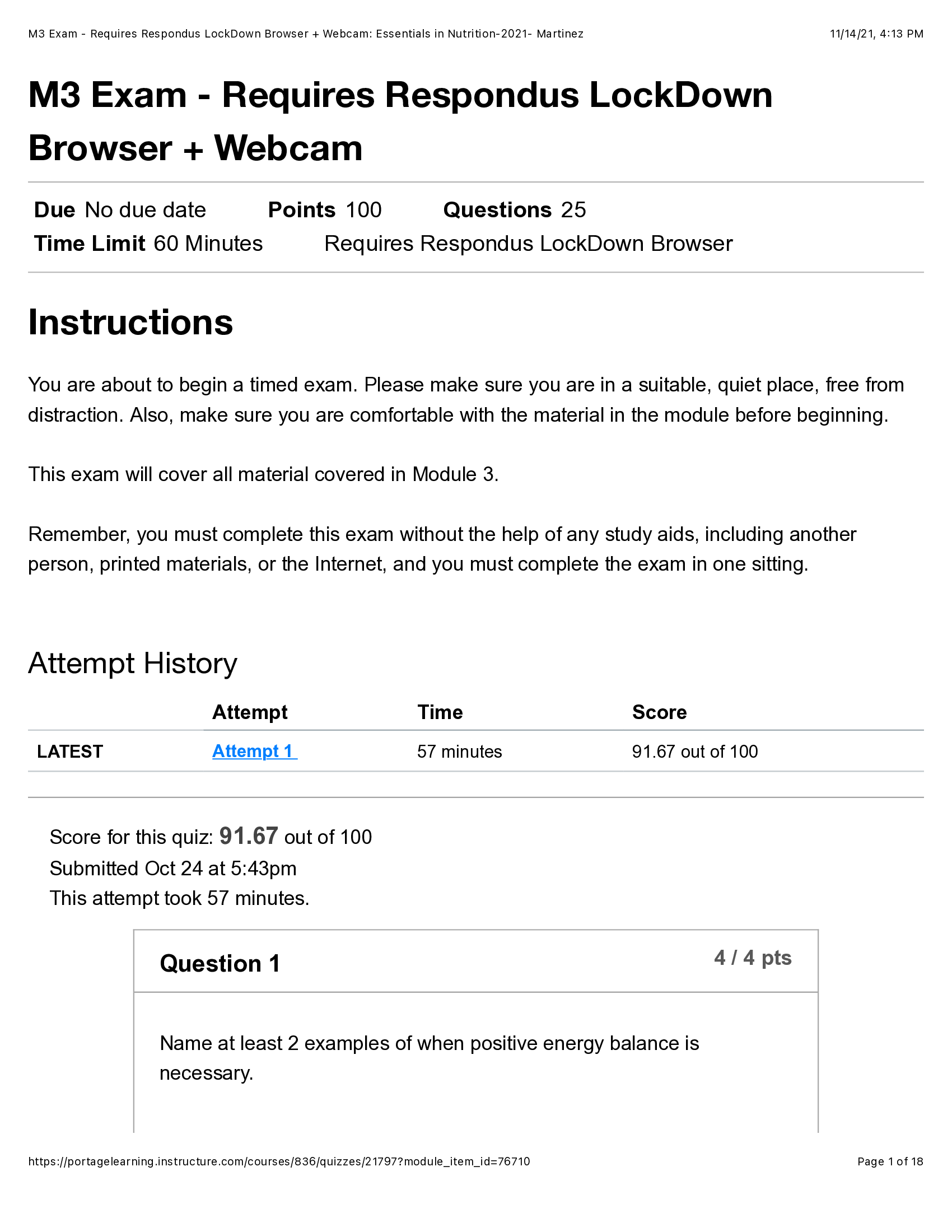 BIOD 121 M3 Exam - Requires Respondus LockDown Browser + Webcam: Essentials in Nutrition-2021- Martinez