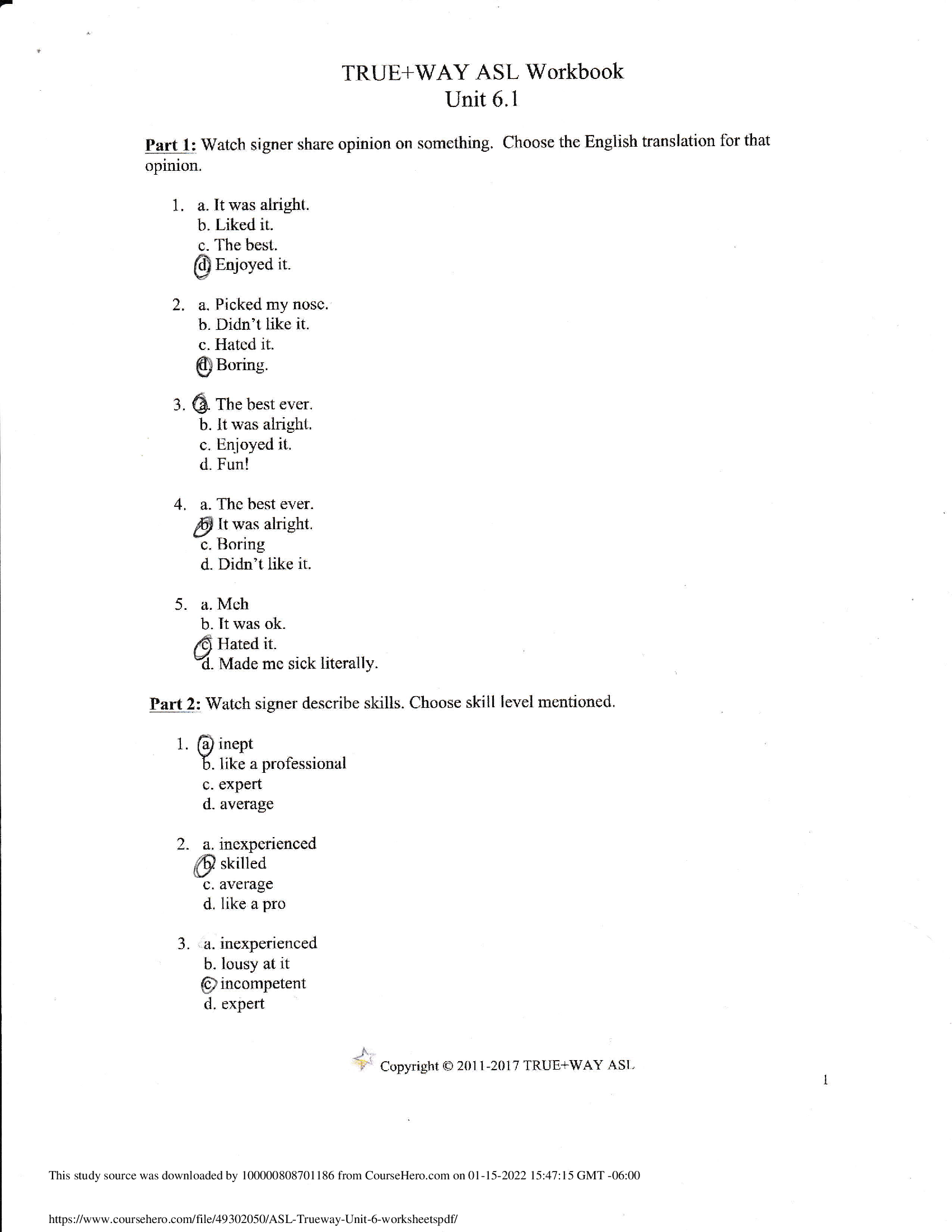 ASL Trueway Unit 6 Worksheet Complete Solution