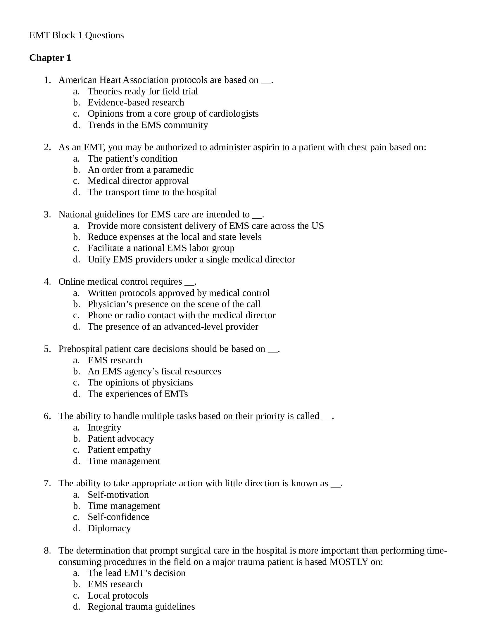EMT Block 1 Questions and Answers VERIFIED