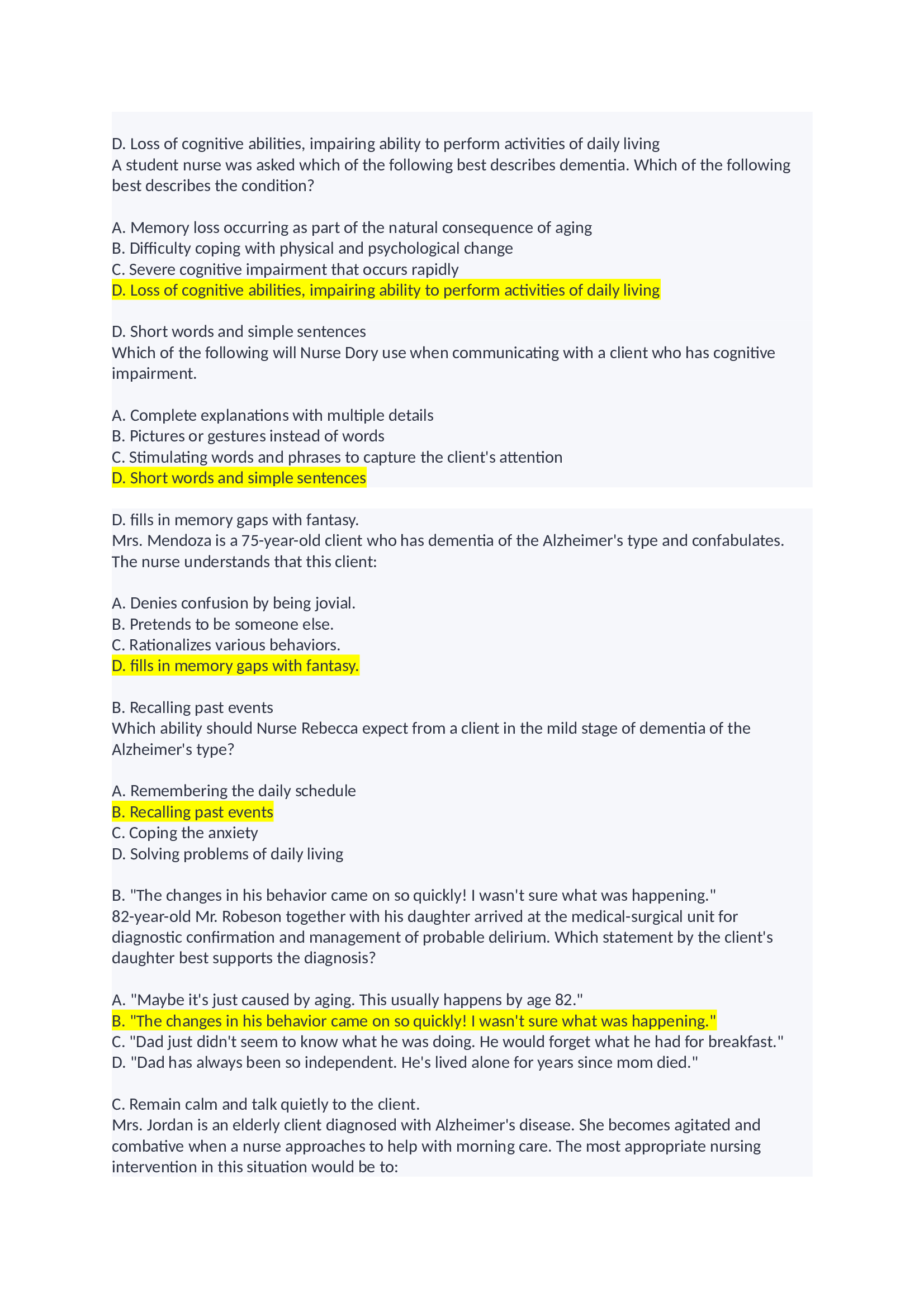NCM 114 - Care for Older Adults Question Bank (Solutions Available) 2023