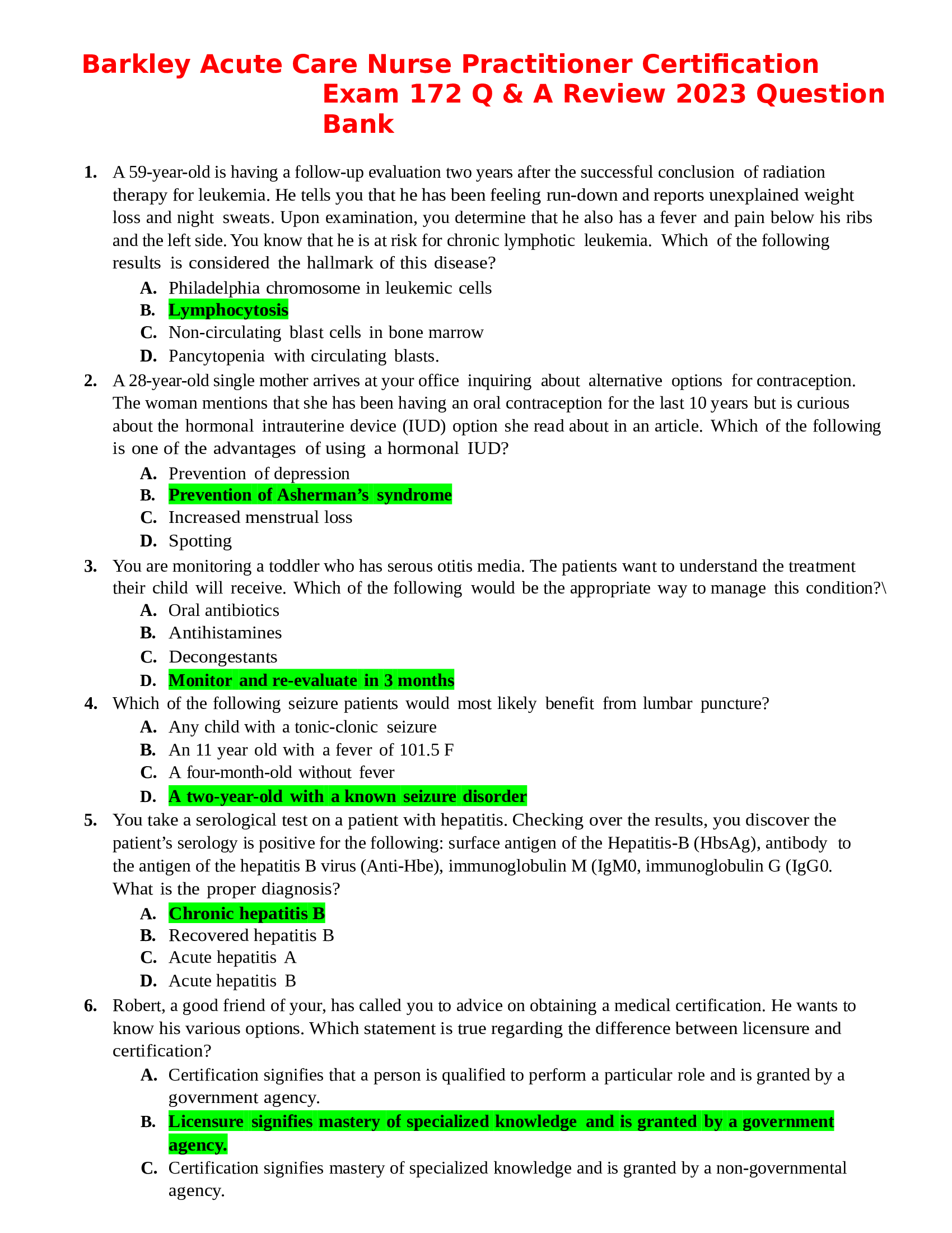 Barkley Acute Care Nurse Practitioner Certification Exam Review 2023: Liberty University (172QBank)|Barkley Acute Care Nurse Practitioner Certification Exam 172 Q & A Review 2023 Question Bank