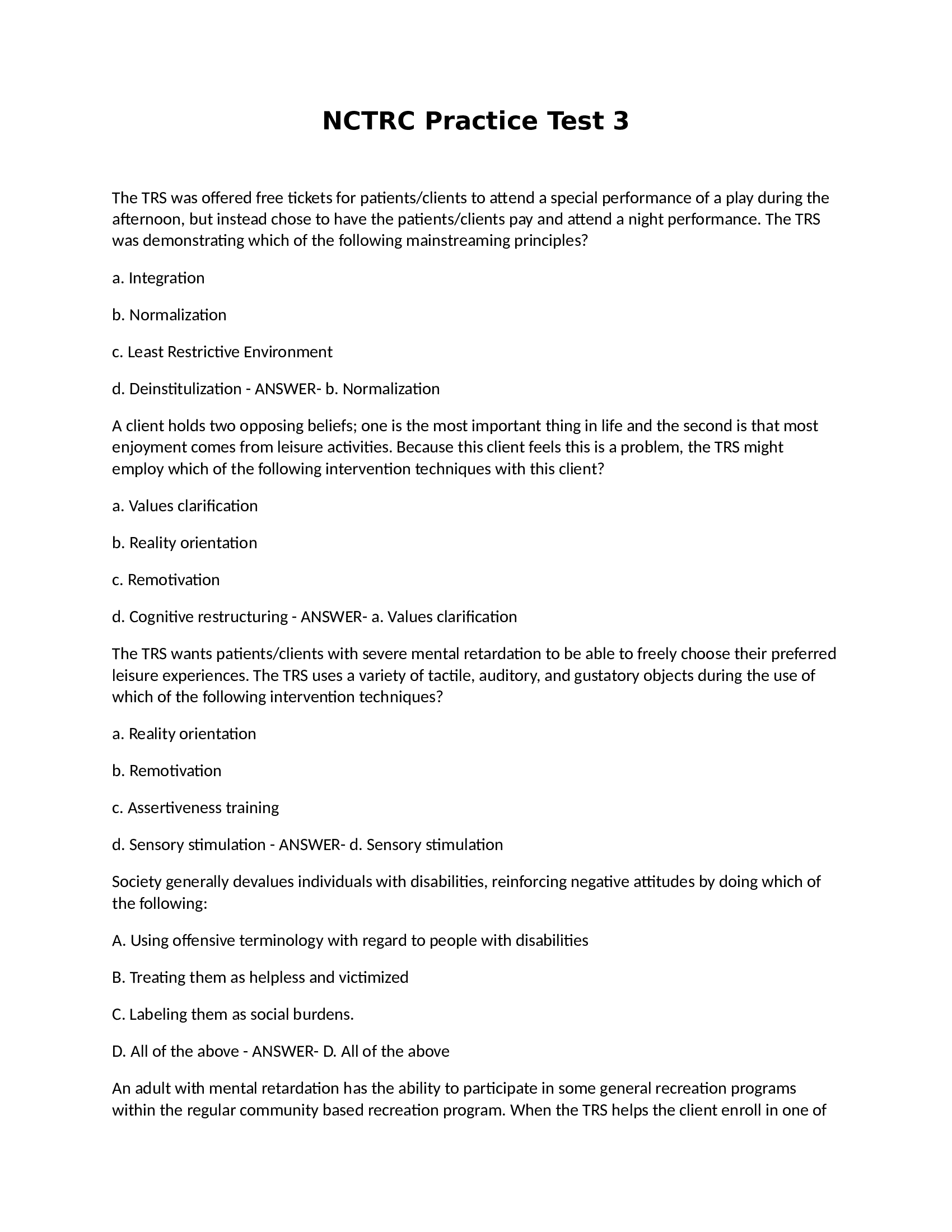 NCTRC: National Council For Therapeutic Recreation Certification Practice Exam 3 (answers) 2024