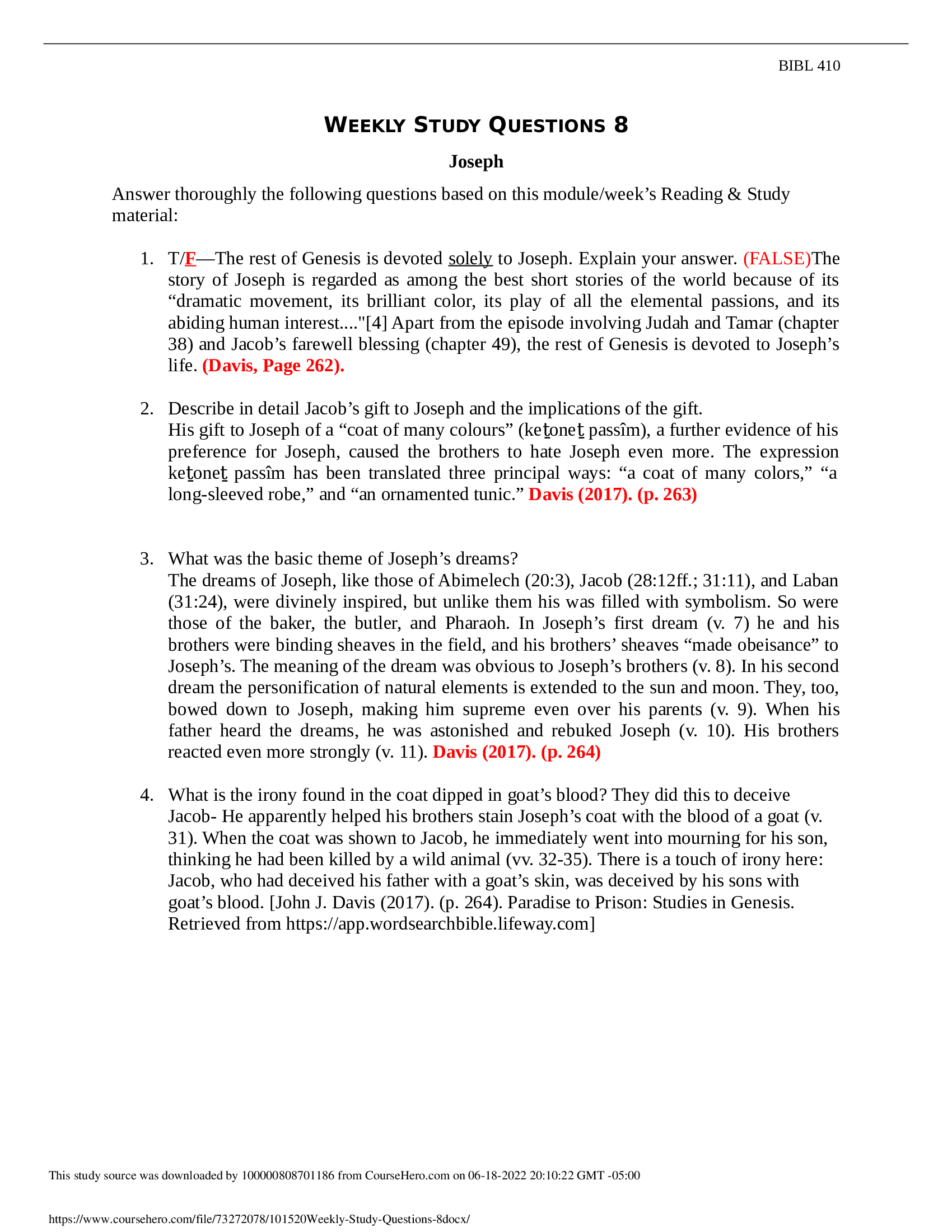 BIBL 410 Weekly Study Questions 8 Liberty University answers complete solutions Latest. Graded A plus