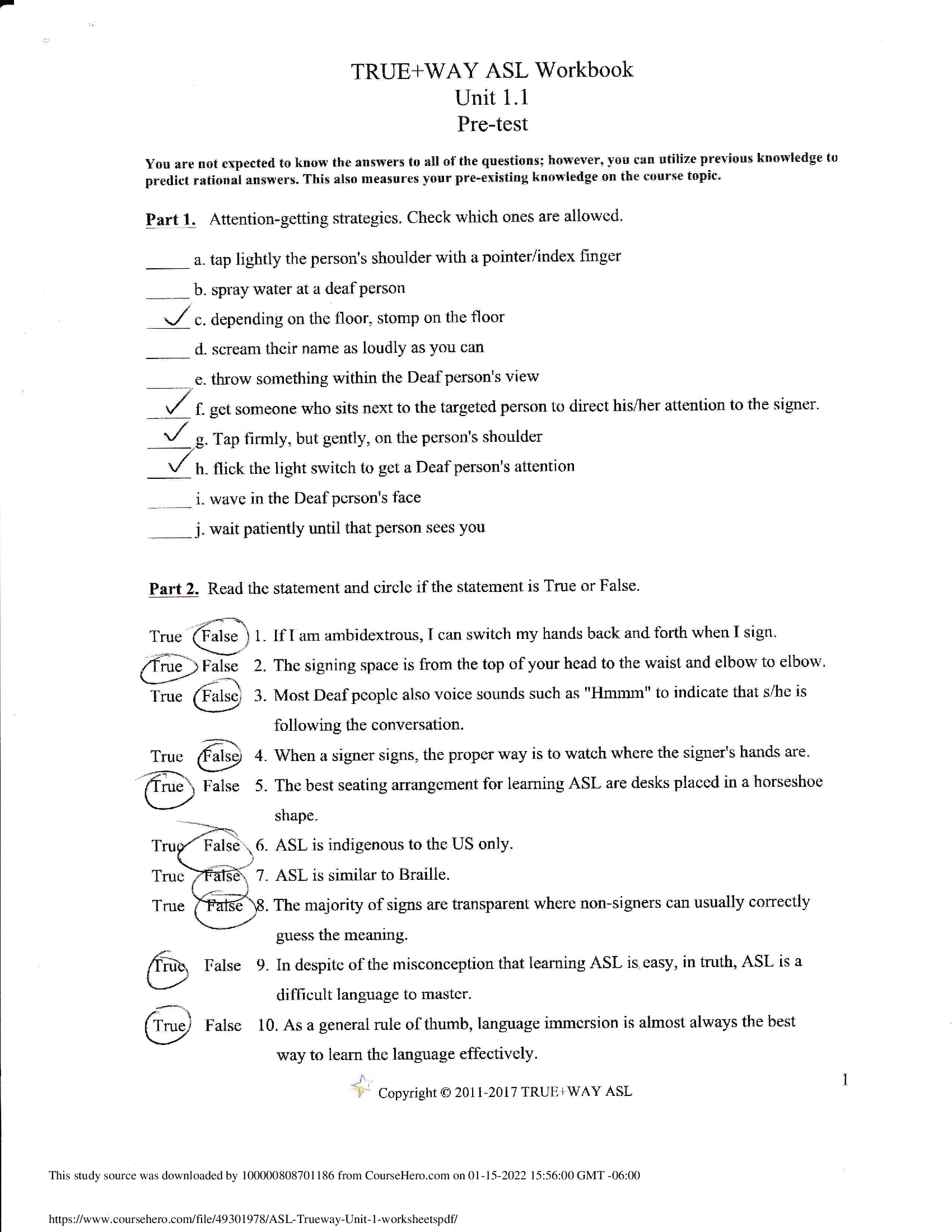 ASL 1010 American Sign Language True way Unit 1,2,3,4,5,6 And 7 Worksheet Complete Solution