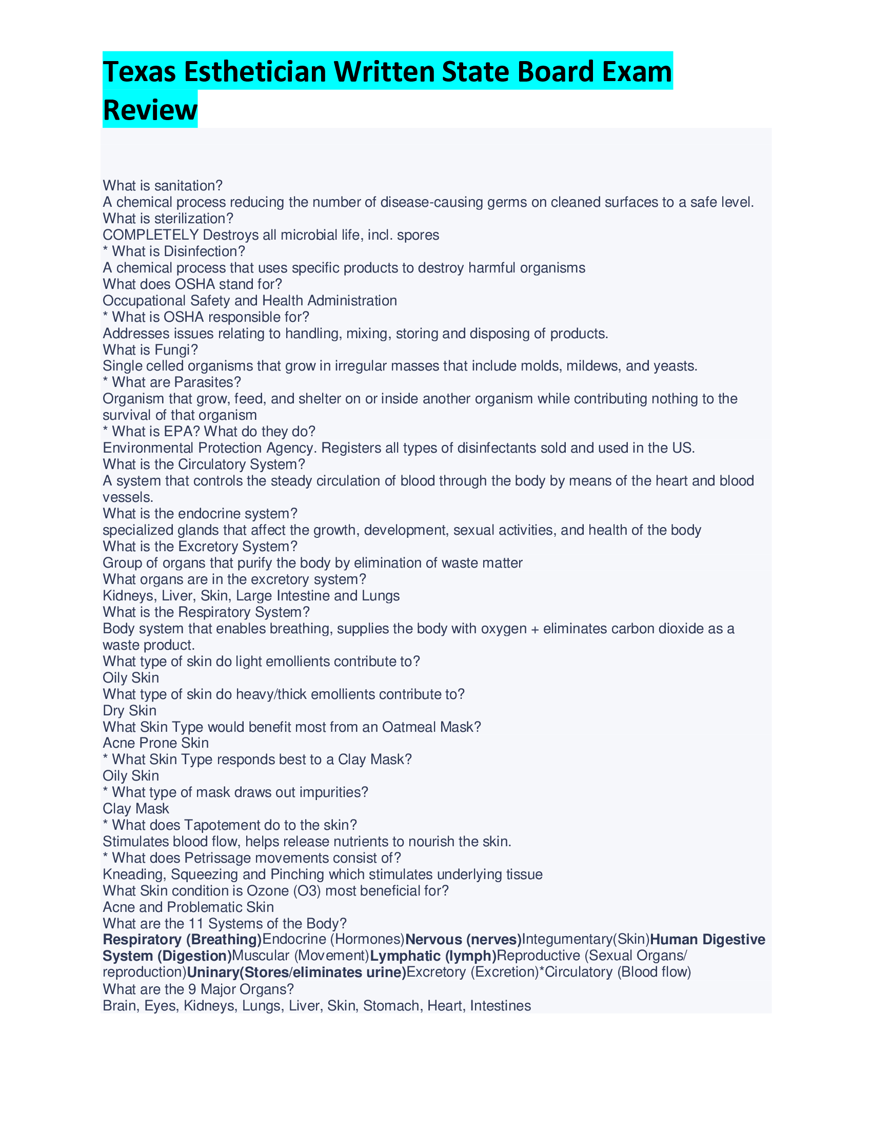 Texas Esthetician Written State Board Exam Review 2023, 2024