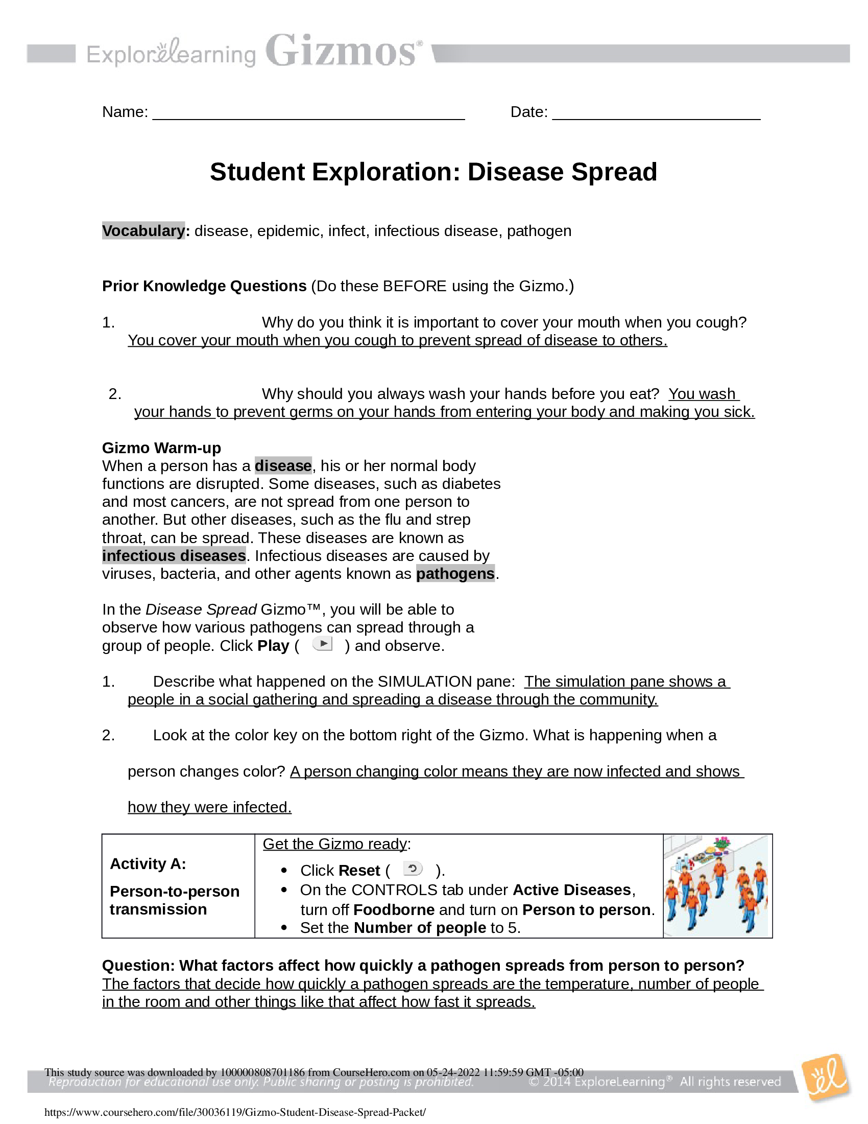 Gizmos - Student Disease Spread - Answer sheet 2022