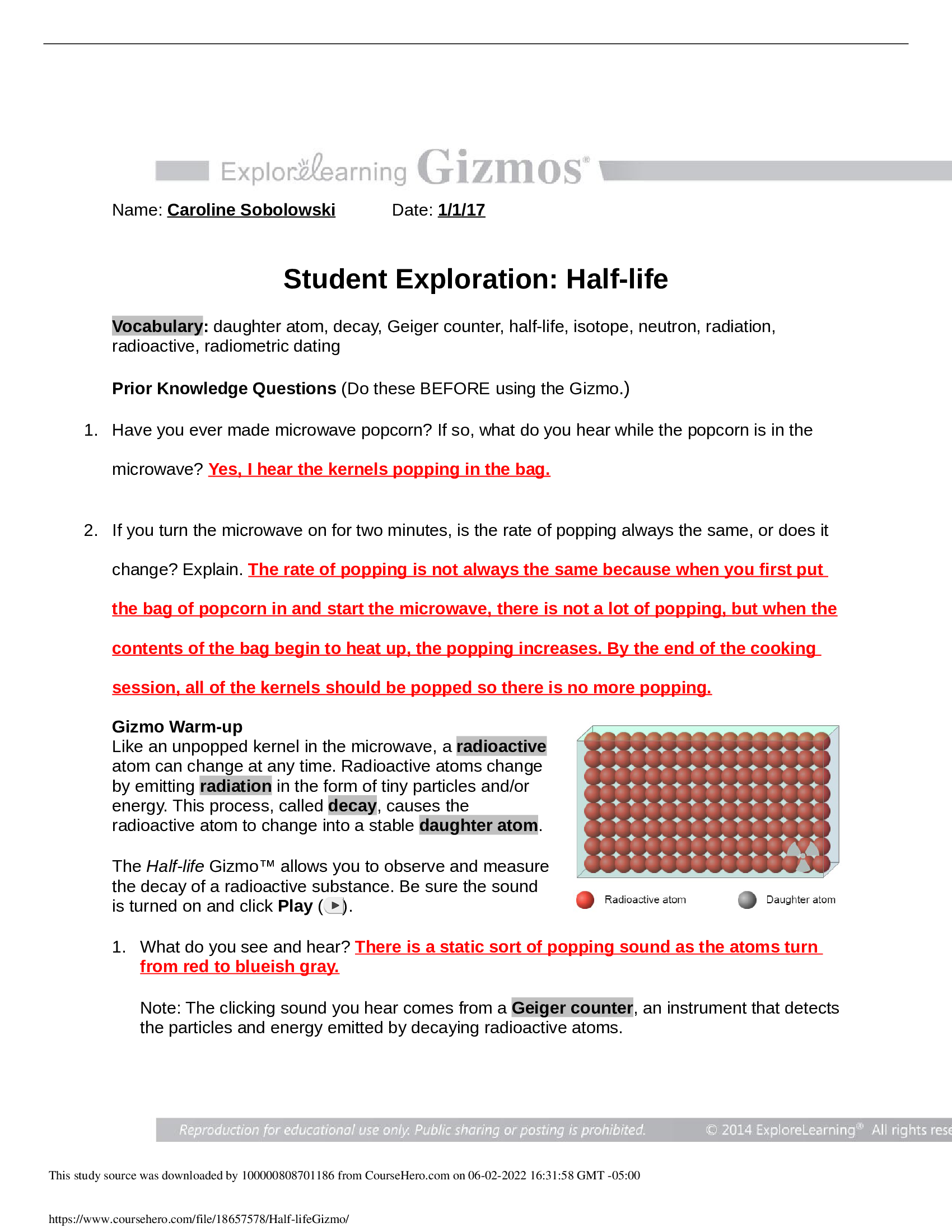 Gizmos -Half-life  Answer key 2022