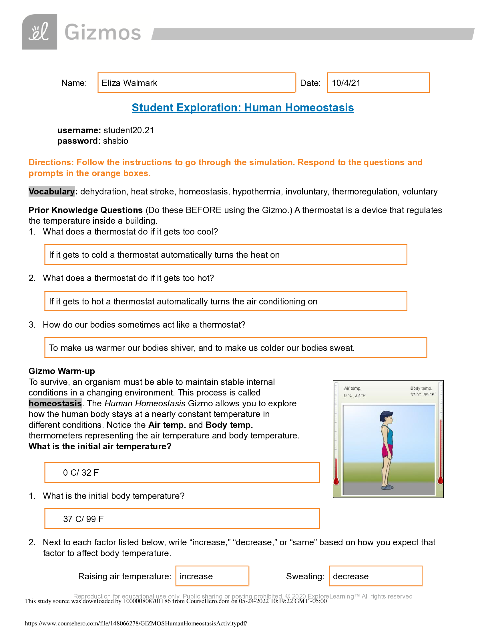 GIZMOS Human Homeostasis Activity (updated answer key) 2022