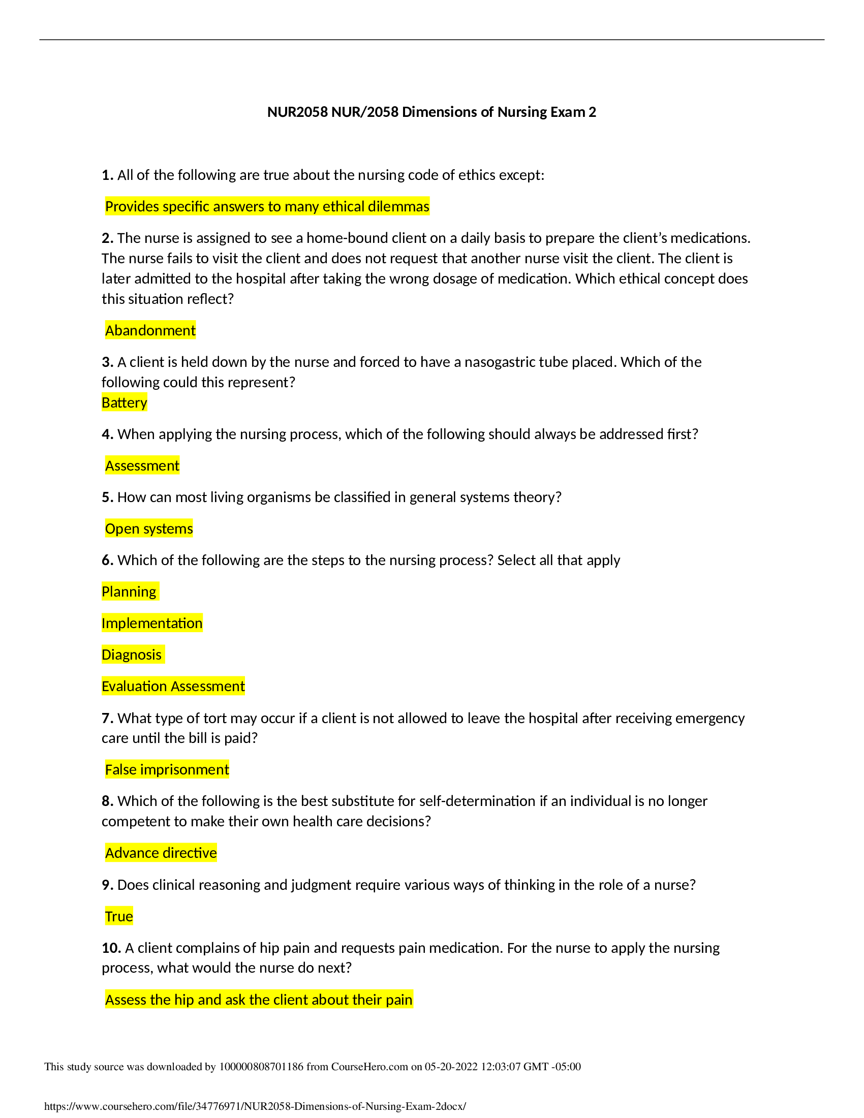 NUR2058 Dimensions of Nursing Exam 2 with all correct answers.