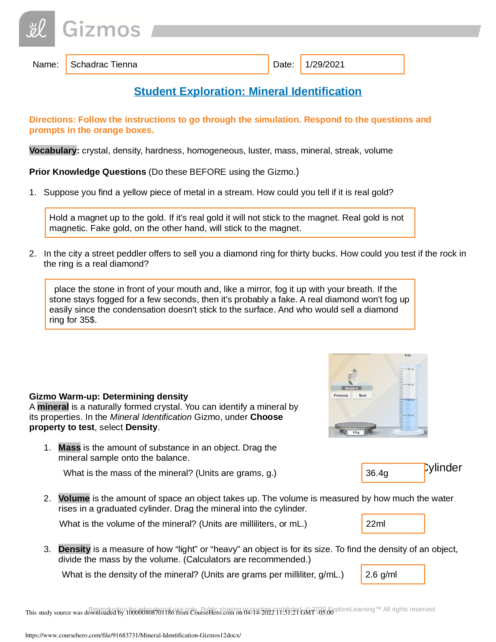 Gizmos - Mineral Identification, Answer key. Complete Solution 2021