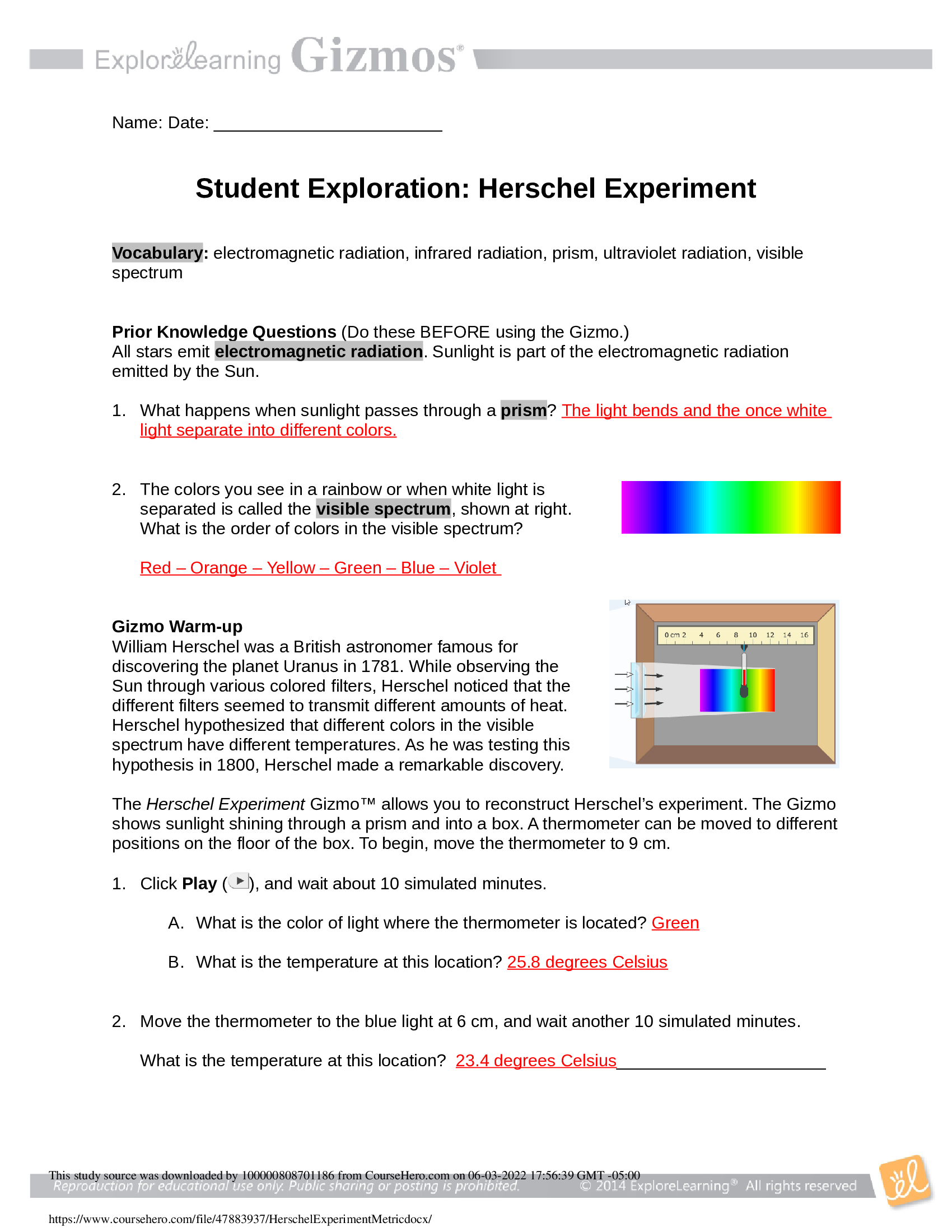 GIZMOs - Herscel experiment (100 Percent CORRECT ANSWERS) 2 Versions.